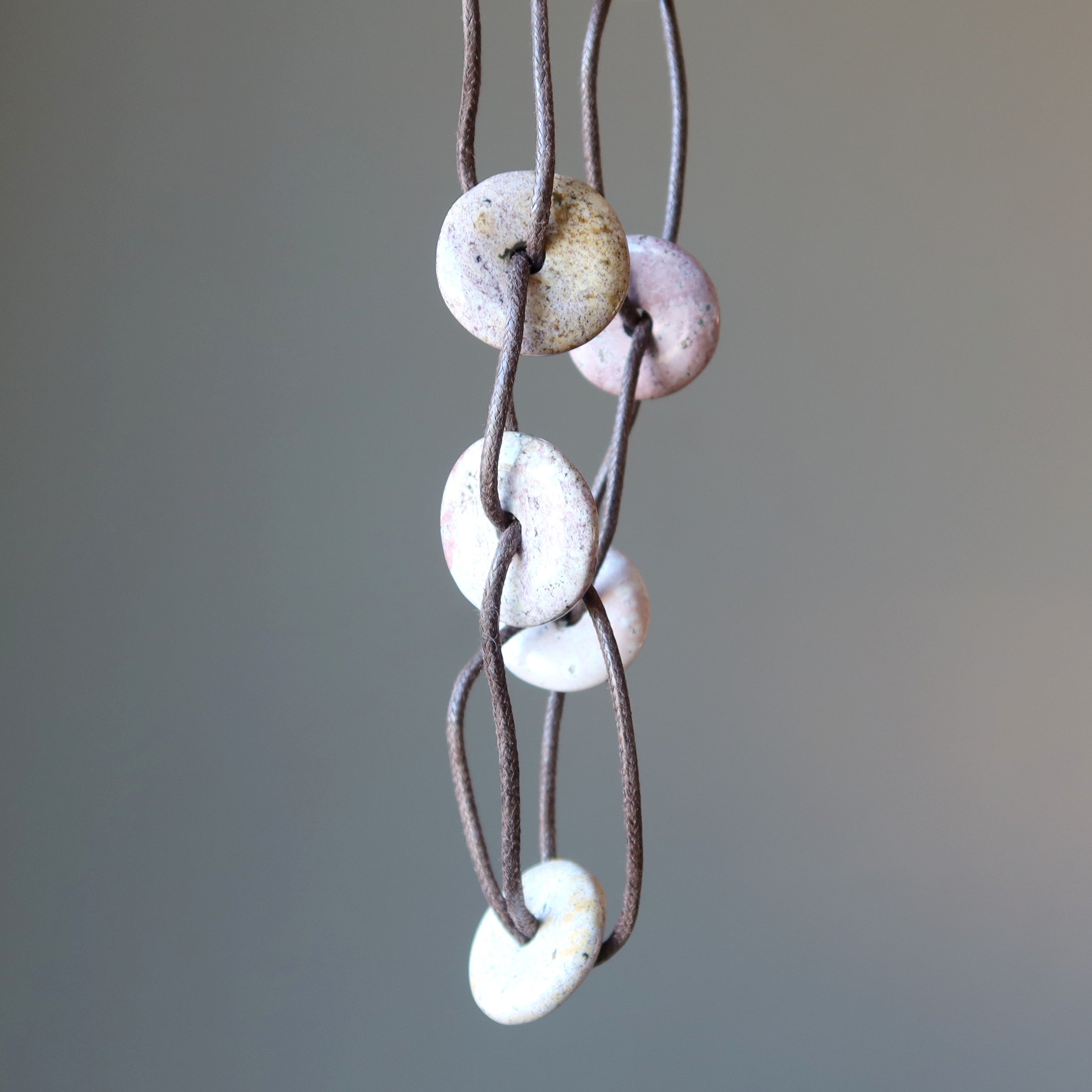 Pink Jasper Necklace Jingle of Joy Donut Stones on Brown Cords
