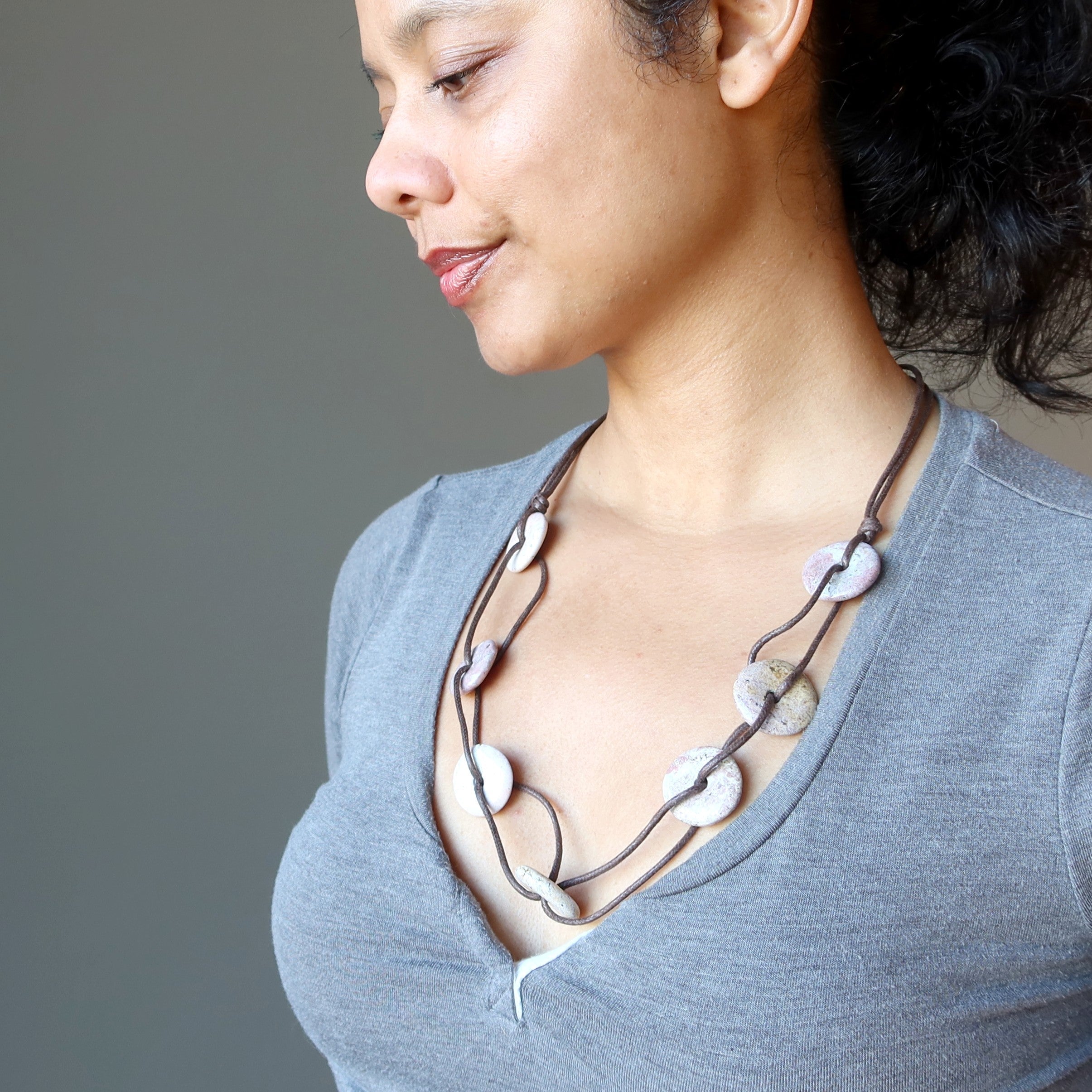 Pink Jasper Necklace Jingle of Joy Donut Stones on Brown Cords