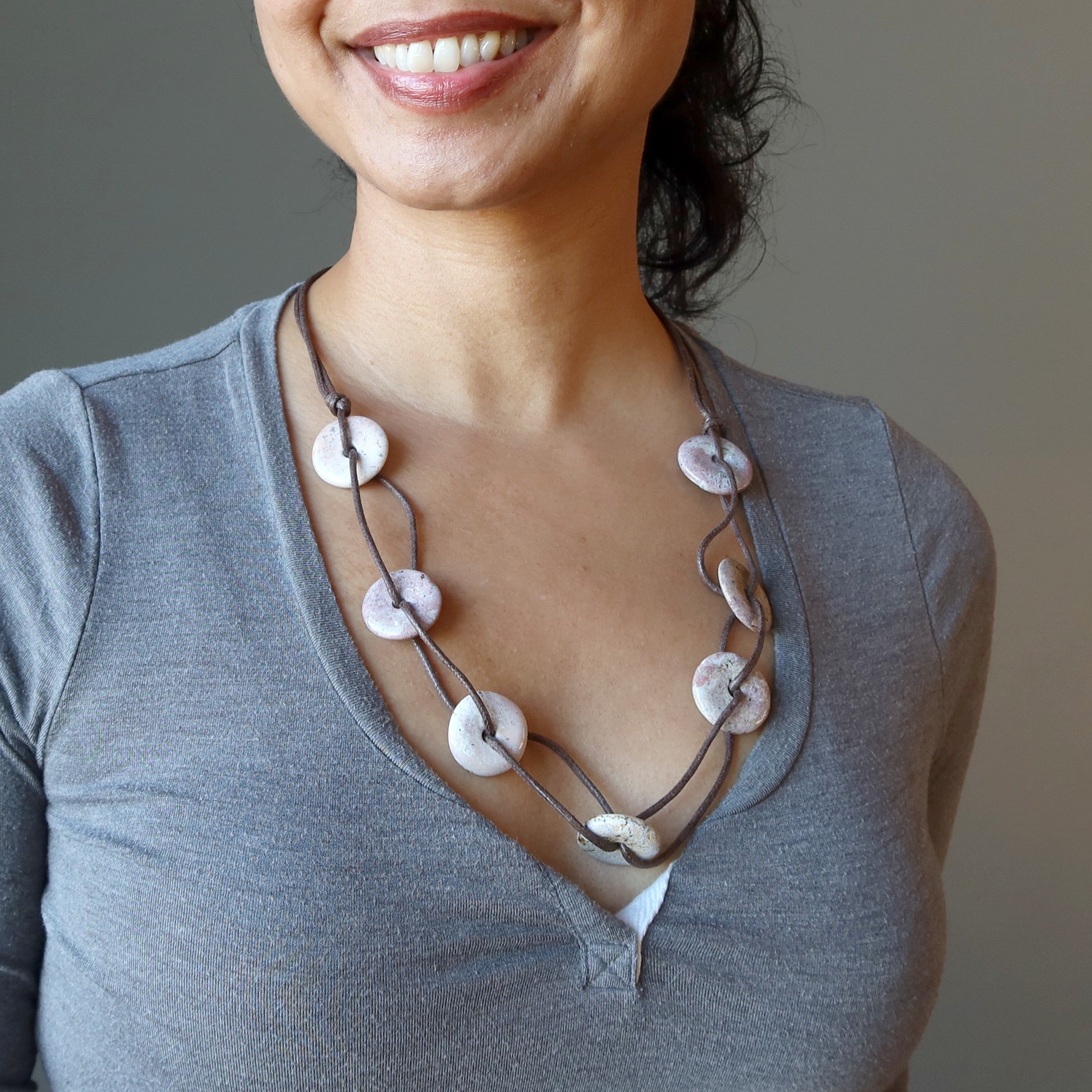 Pink Jasper Necklace Jingle of Joy Donut Stones on Brown Cords