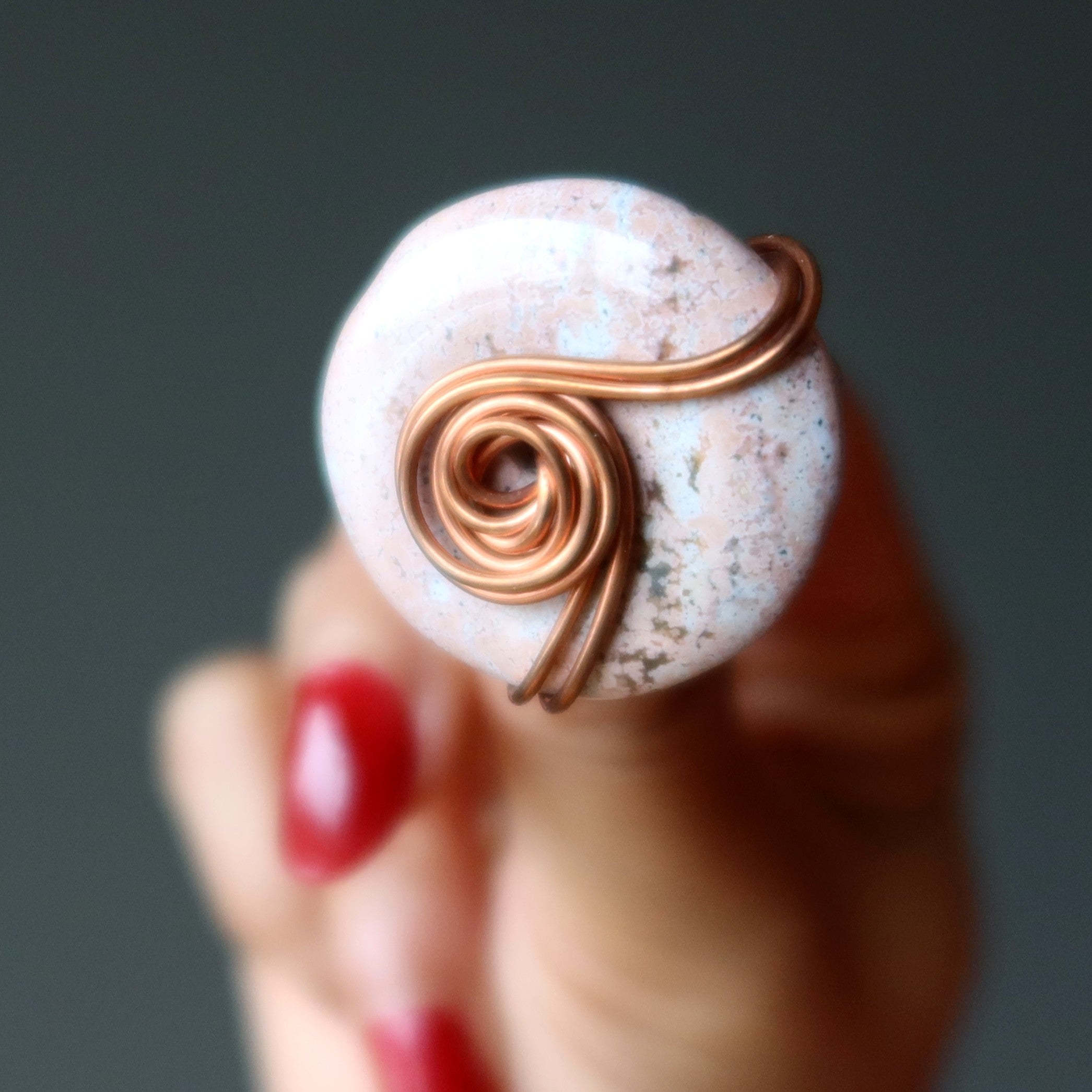 Pink Jasper Ring Sweet Spot Copper Wire Wrap Size 6.0