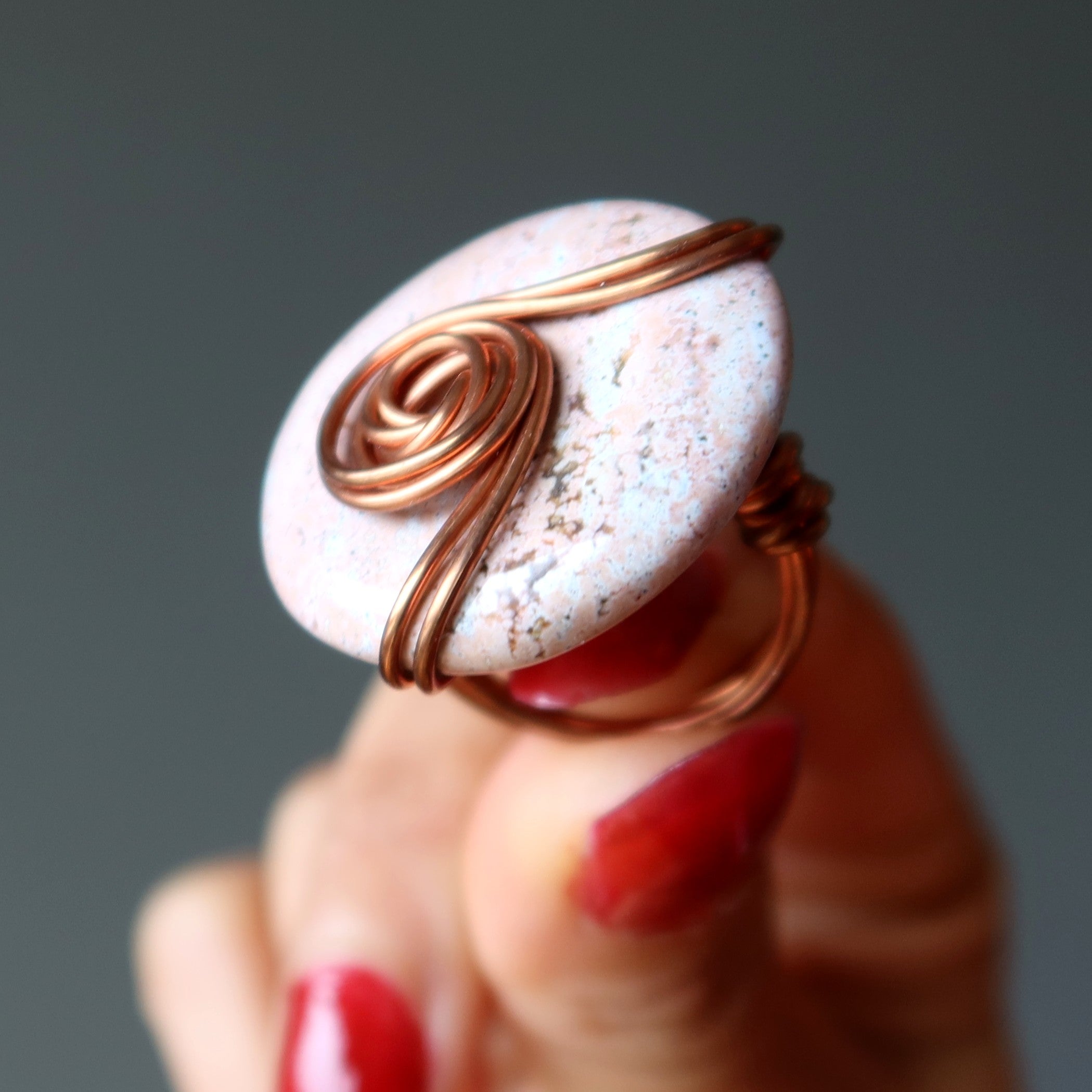 Pink Jasper Ring Sweet Spot Copper Wire Wrap Size 6.0
