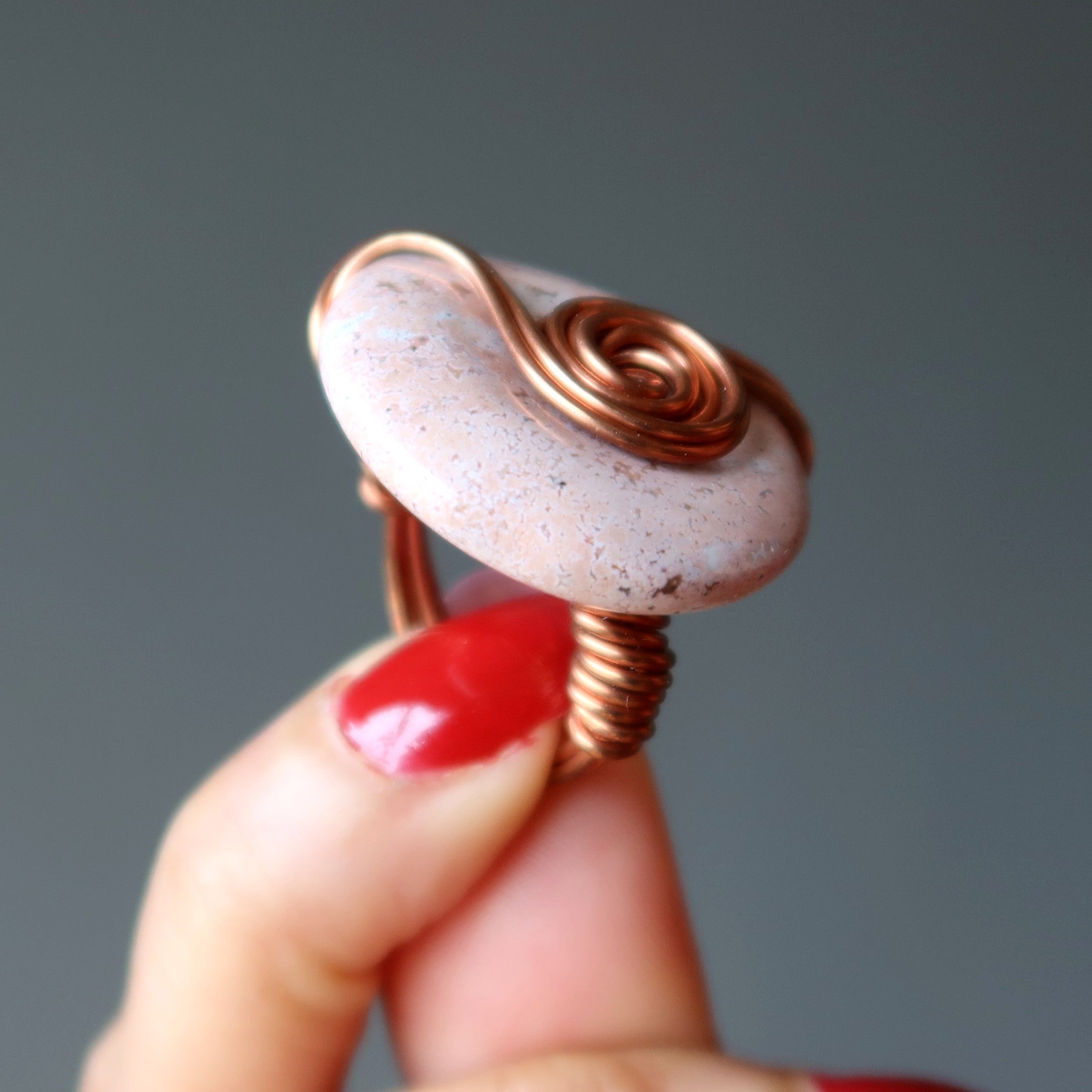 Pink Jasper Ring Sweet Spot Copper Wire Wrap Size 6.0