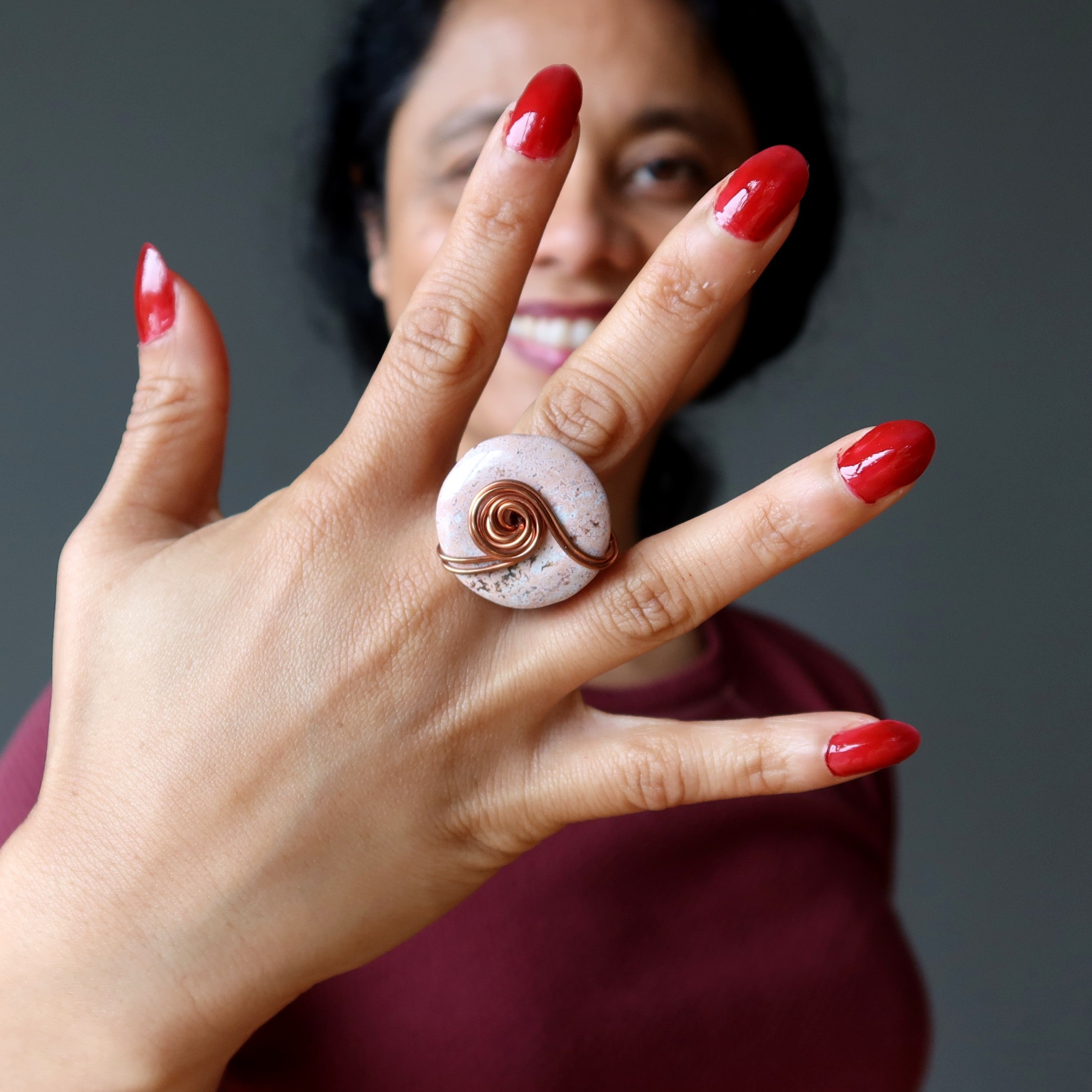 Pink Jasper Ring Sweet Spot Copper Wire Wrap Size 6.0