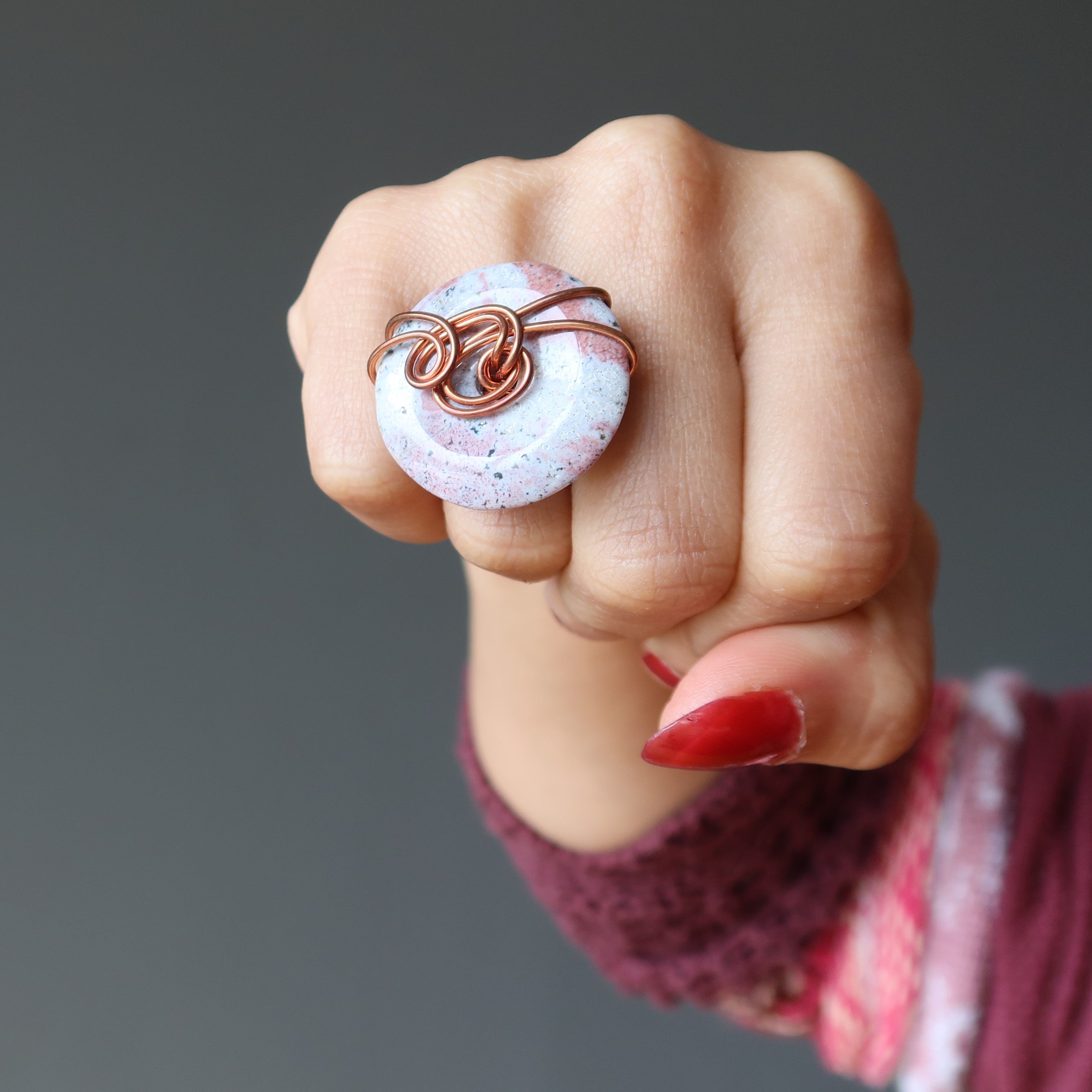 Pink Jasper Ring Sprinkled Donut Copper Size 5.75