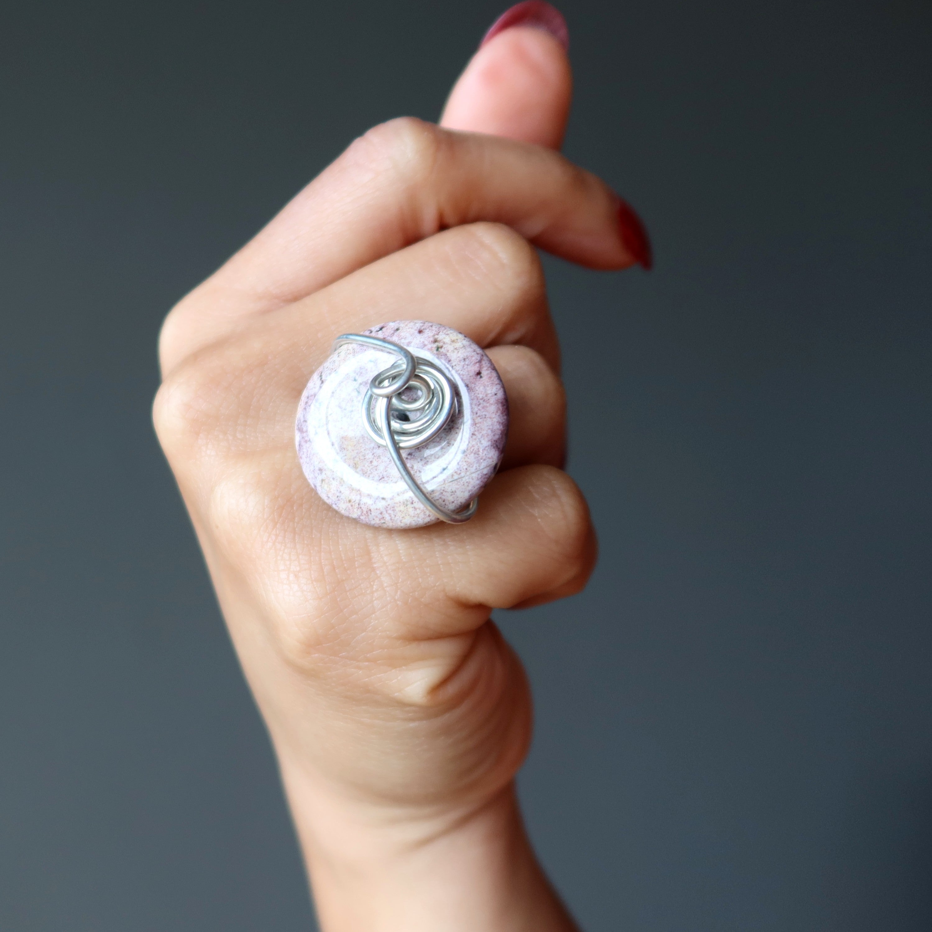 Lila Jaspis Ring Verträumter Donut Edelstein Silberdraht Größe 5.0