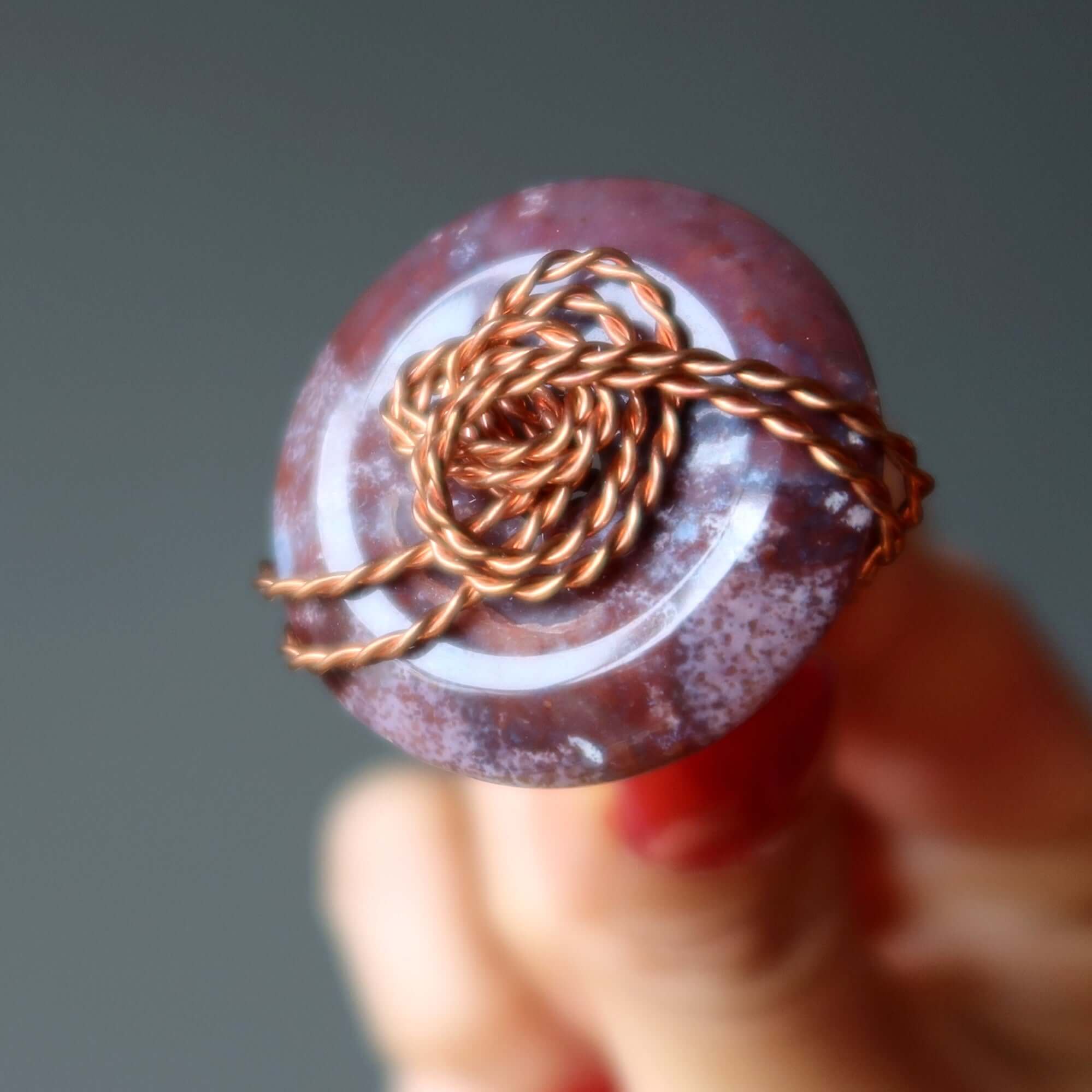 Purple Jasper Ring Rope and Chain Copper Size 4.75 with round stone wrapped in twisted copper wire and chain detail