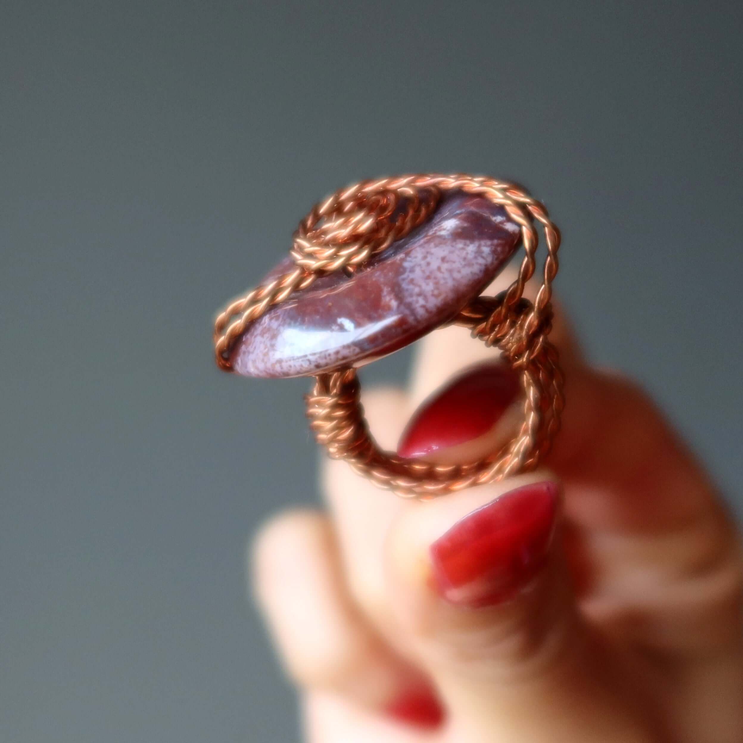 Purple Jasper Ring Rope and Chain Copper Size 4.75 displayed on hand with polished purple stone and twisted copper wire band