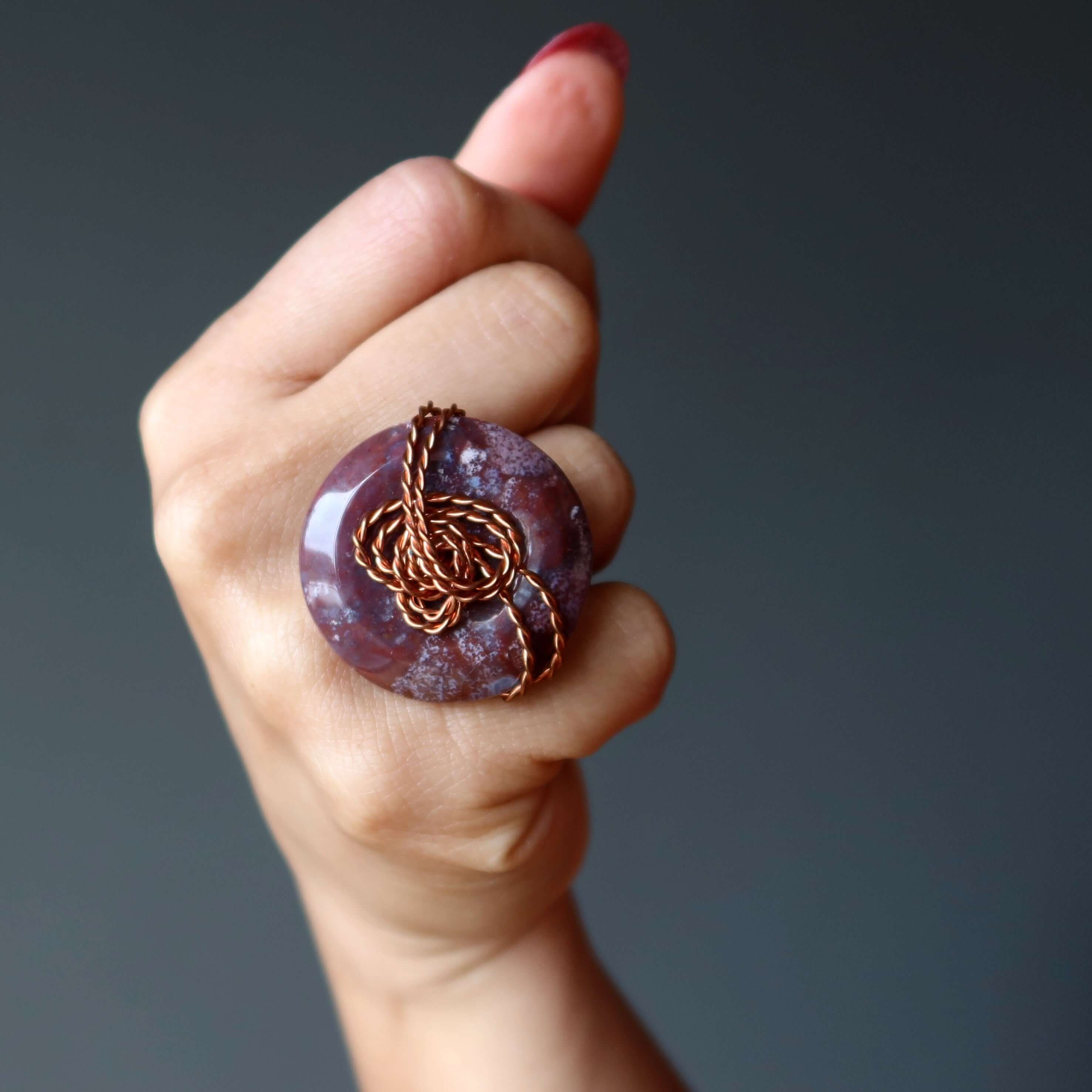 Purple Jasper ring with copper rope and chain wire wrap on finger, size 4.75 crystal statement ring