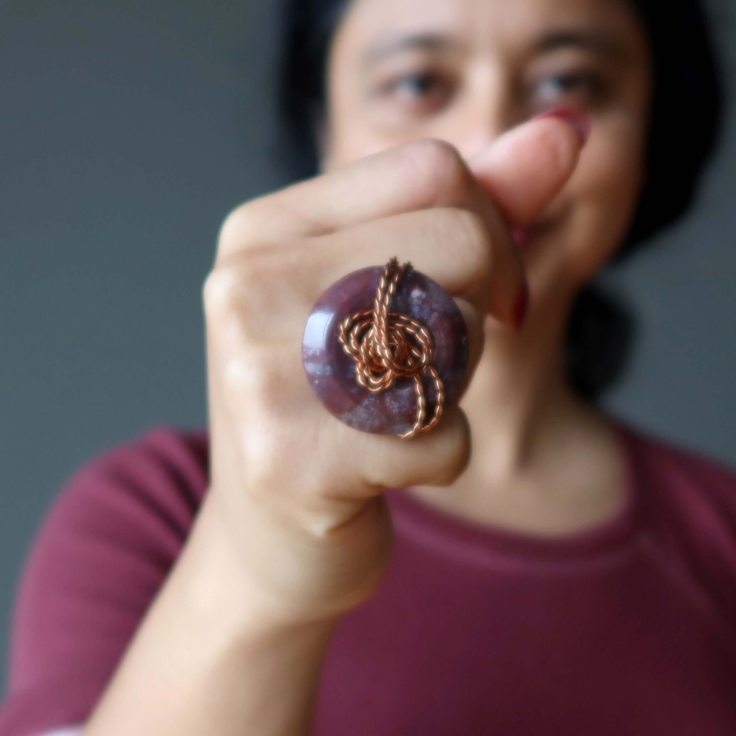 Purple Jasper Ring Rope and Chain Copper Size 4.75 on hand, large 1.2-inch stone with copper rope and chain wire wrap detail