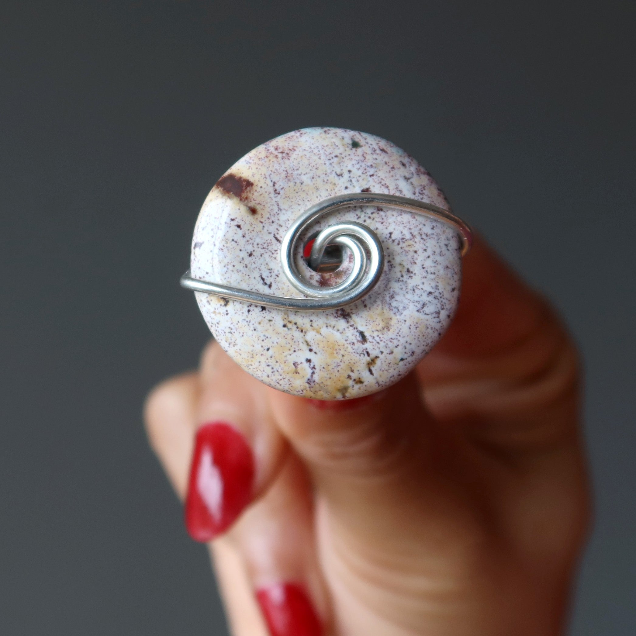 Bague Jaspe Violet Forme Donut Tachetée Argent Taille 4.0
