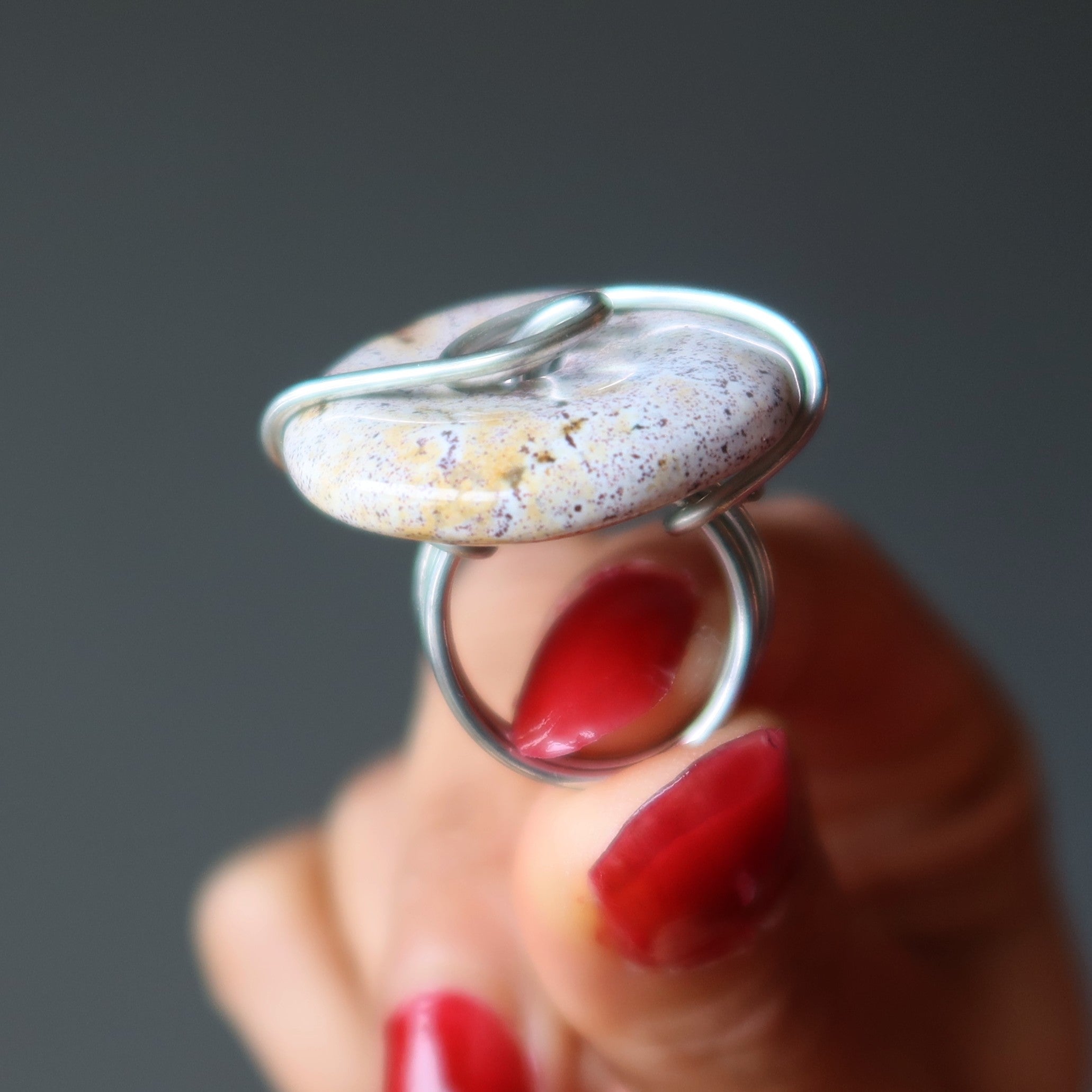 Bague Jaspe Violet Forme Donut Tachetée Argent Taille 4.0
