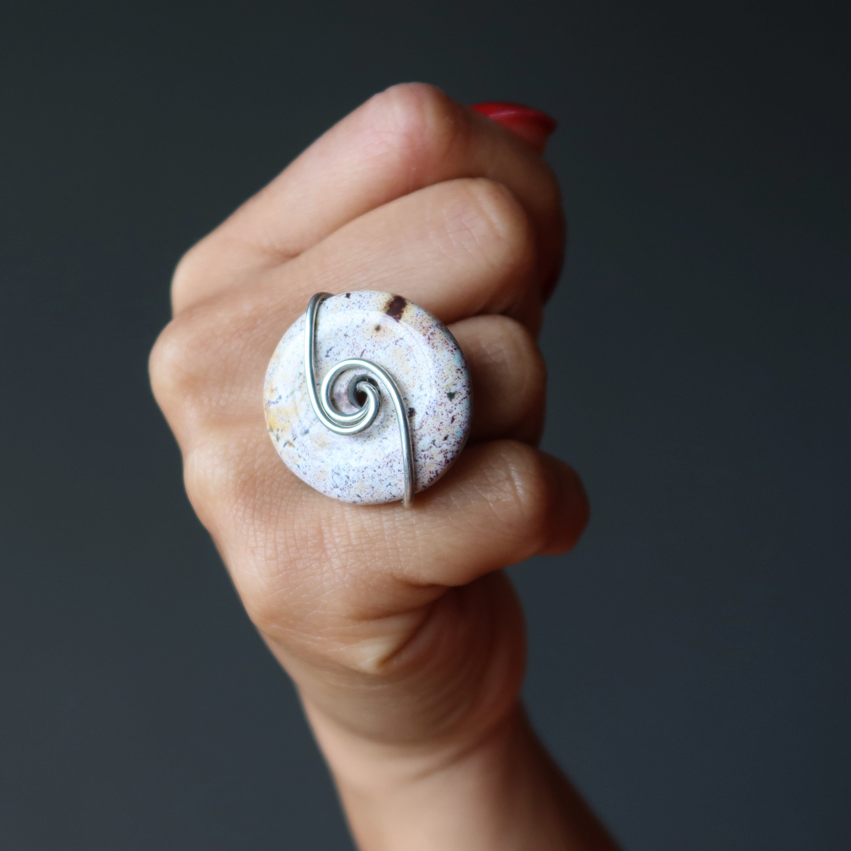 Bague Jaspe Violet Forme Donut Tachetée Argent Taille 4.0
