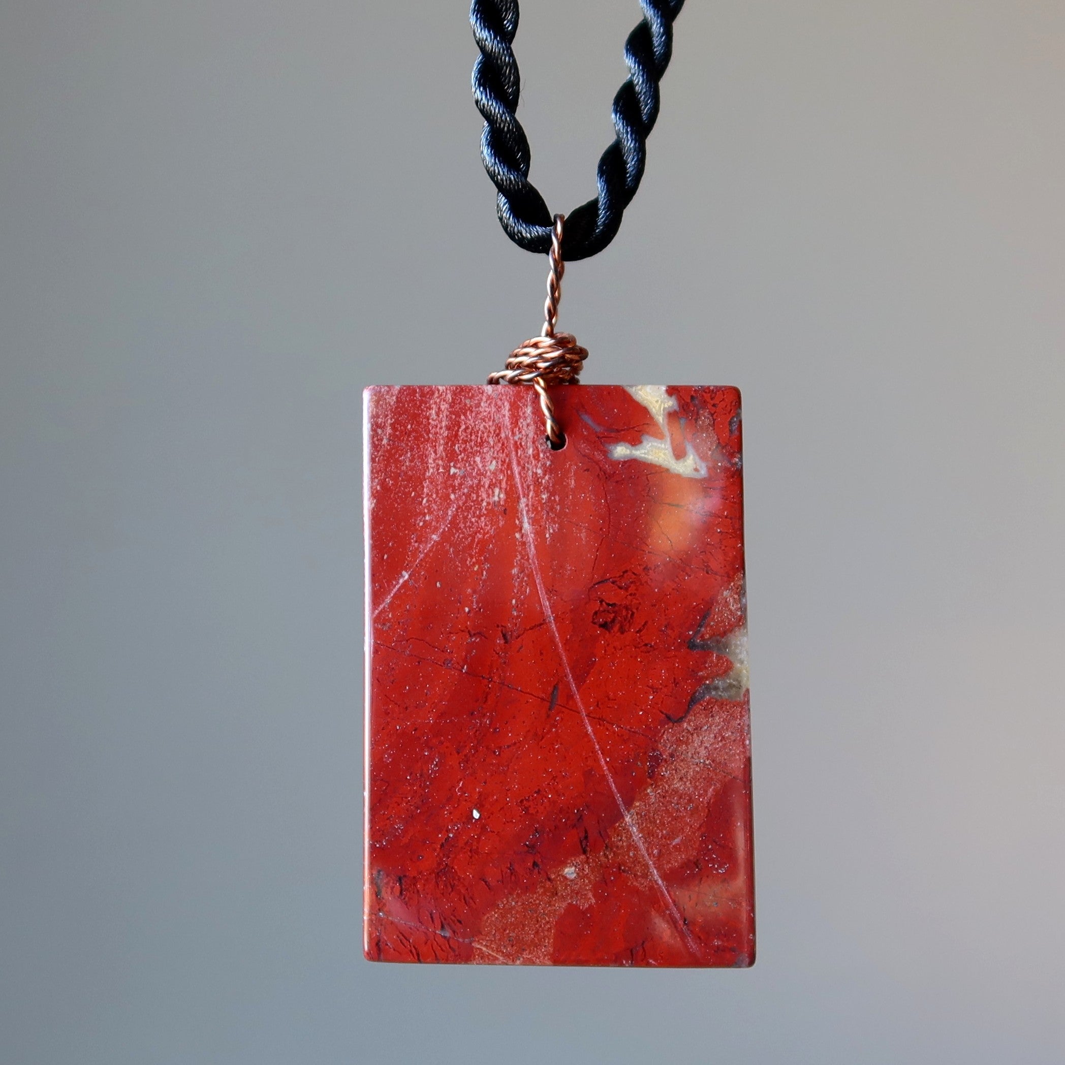 Collier en Jaspe Rouge, grande énergie, rectangulaire, en cuivre avec pierre précieuse
