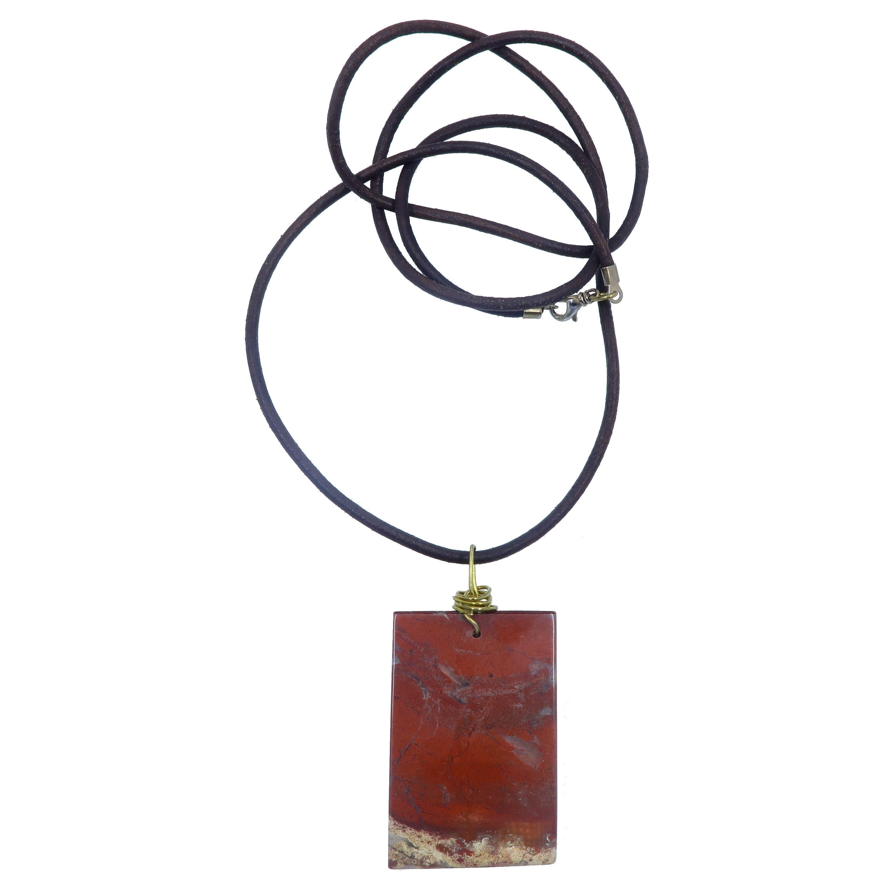 Collier en jaspe rouge grande brique de puissance en cuir marron