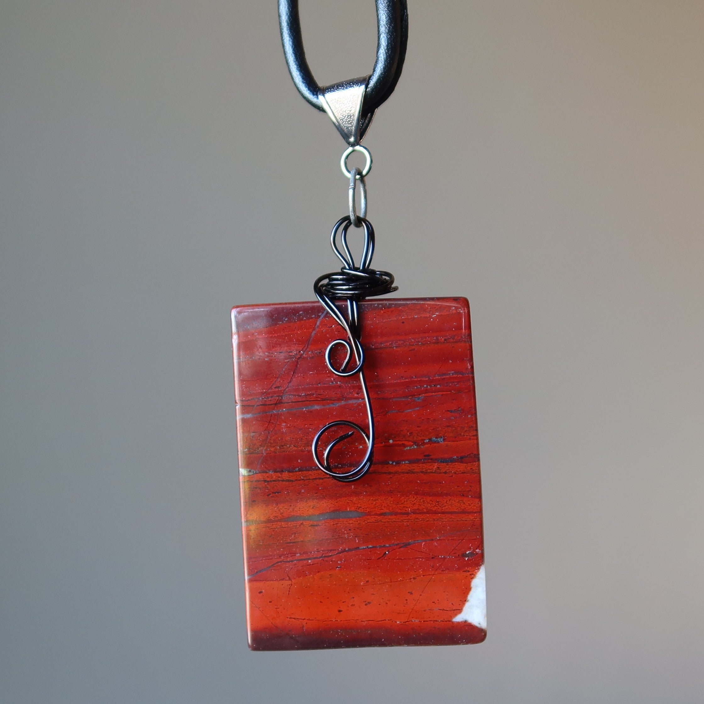 Red Jasper Necklace Protection Brick Stone Black Leather