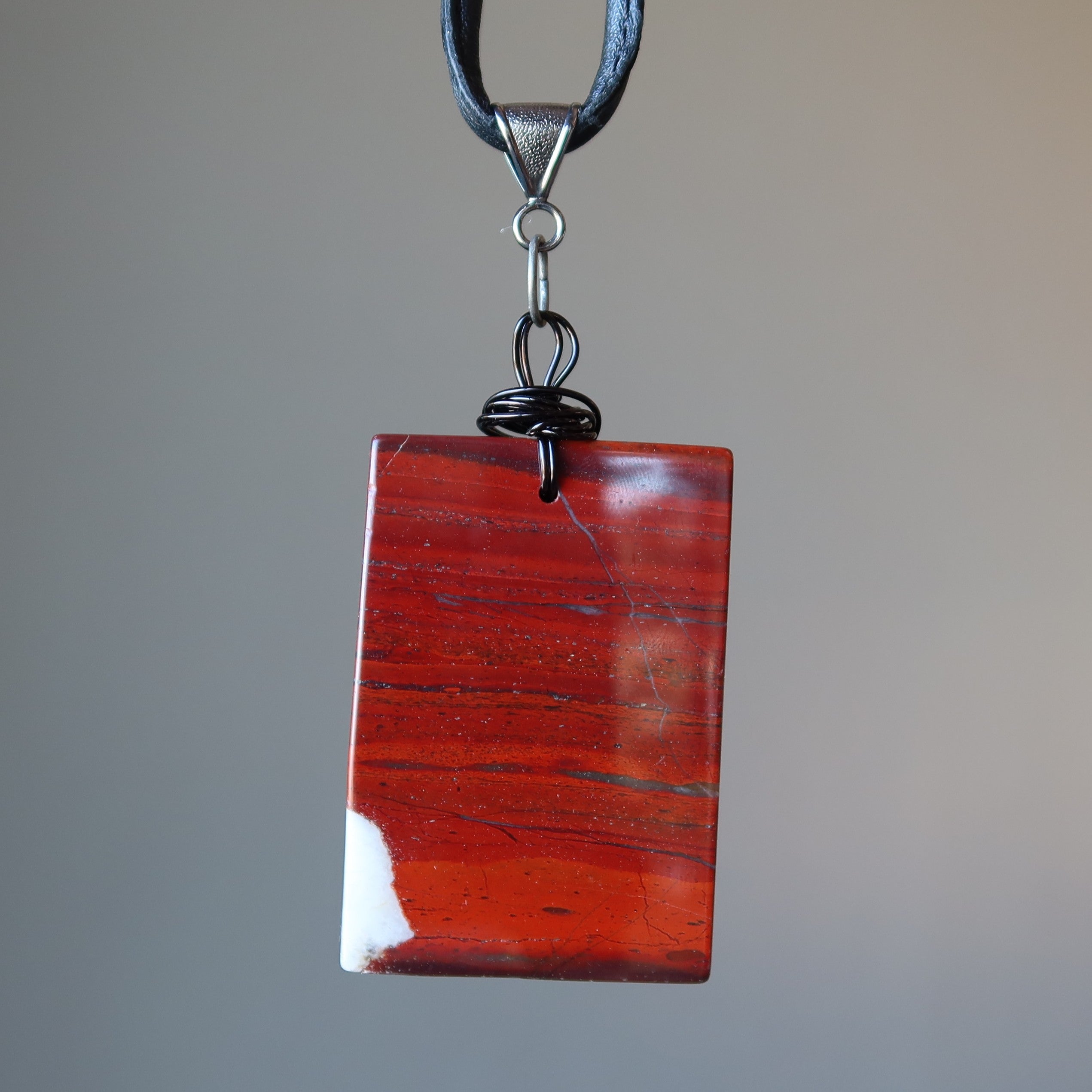 Red Jasper Necklace Protection Brick Stone Black Leather