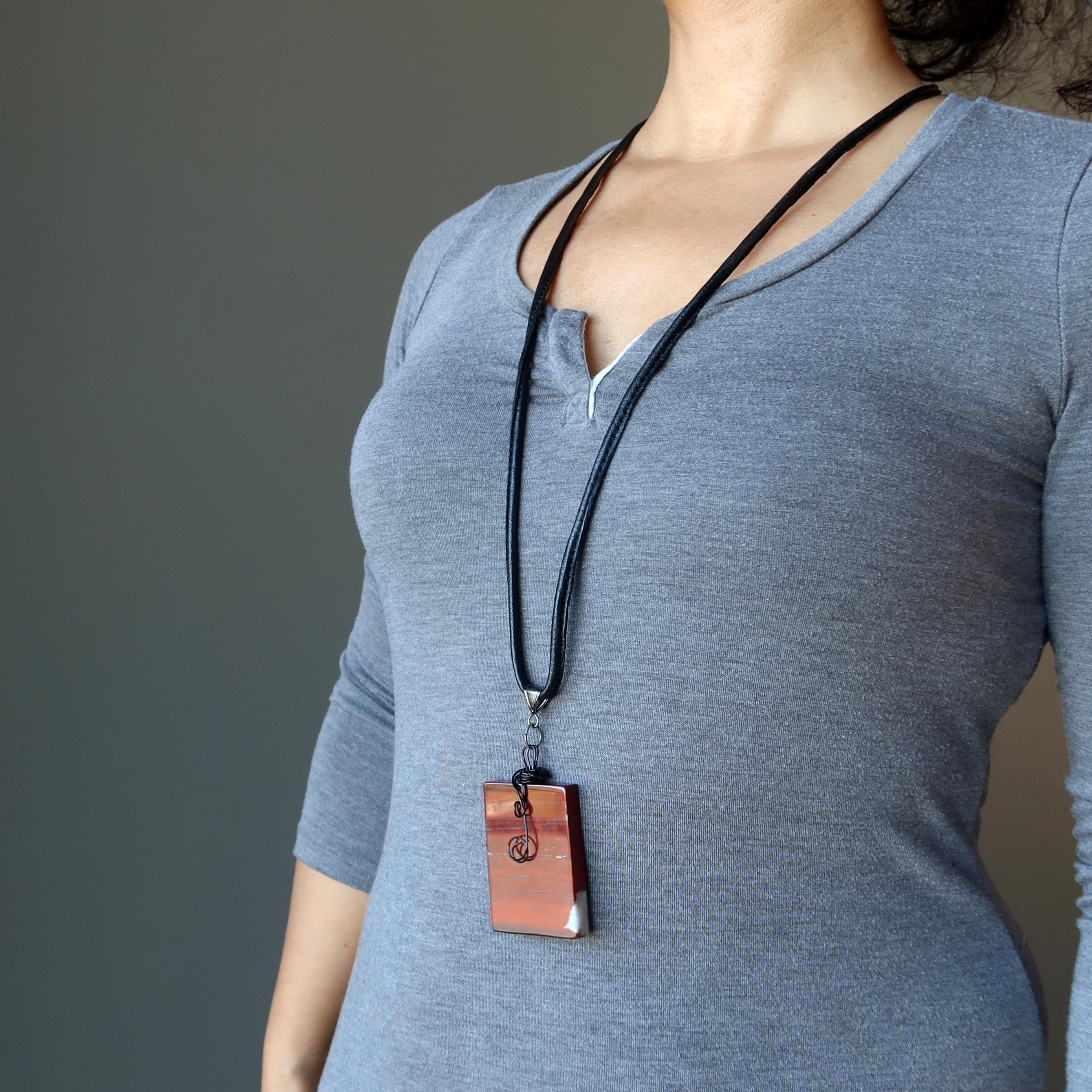 Red Jasper Necklace Protection Brick Stone Black Leather