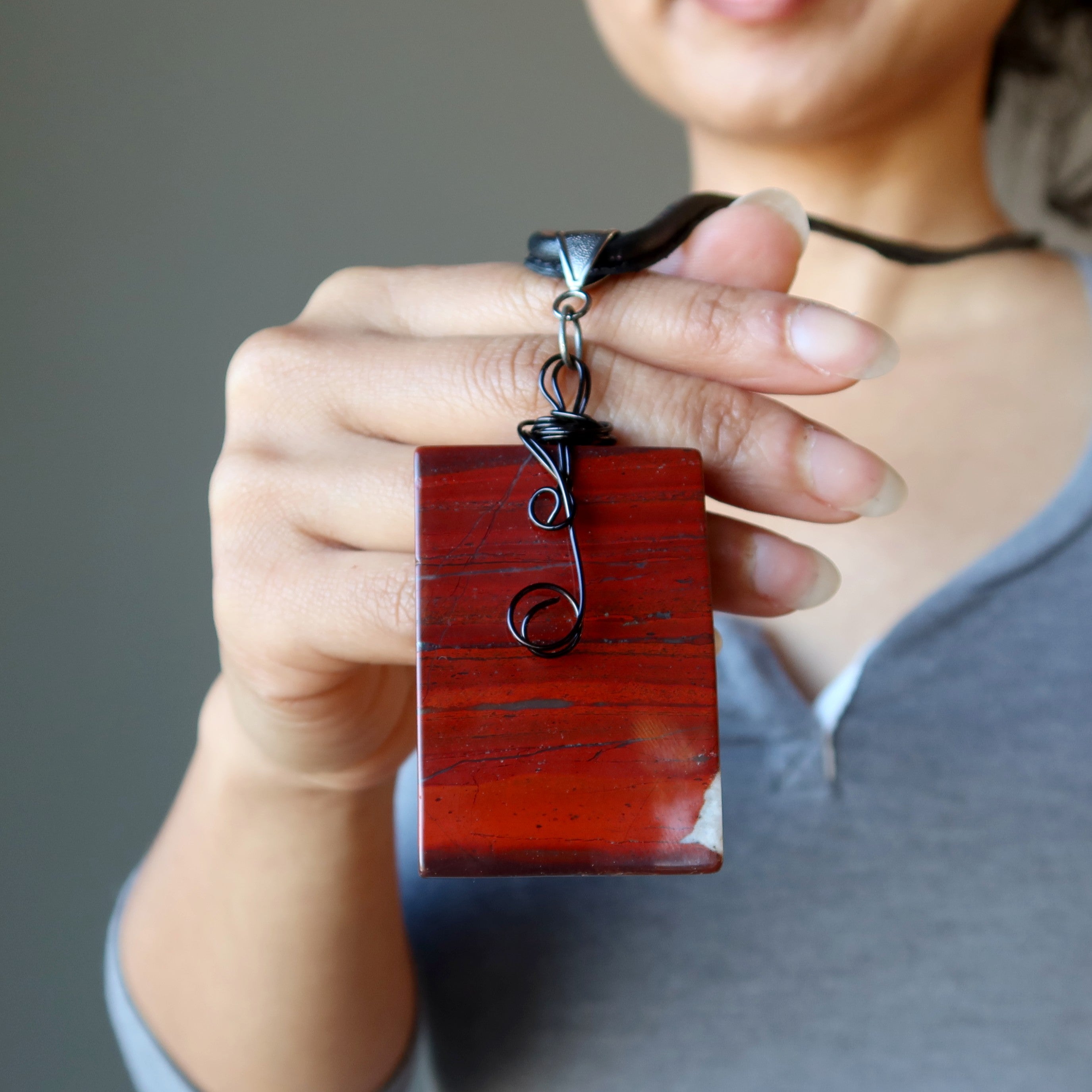 Red Jasper Necklace Protection Brick Stone Black Leather