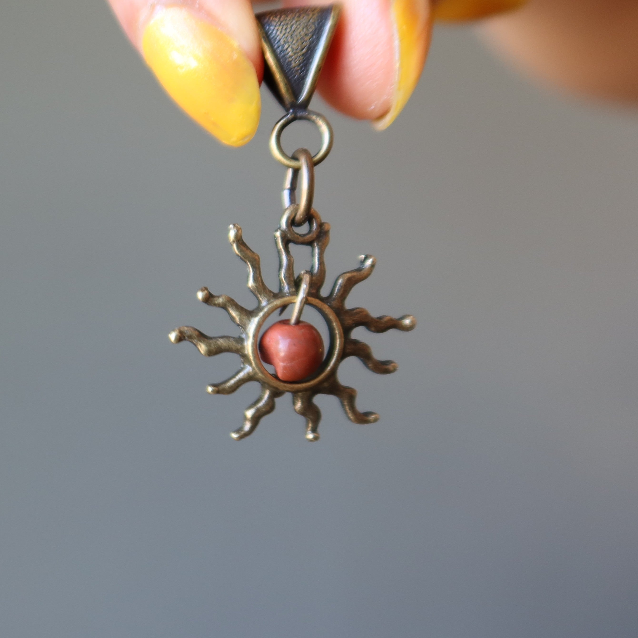Red Jasper Pendant Flaming Sun Gem Brass