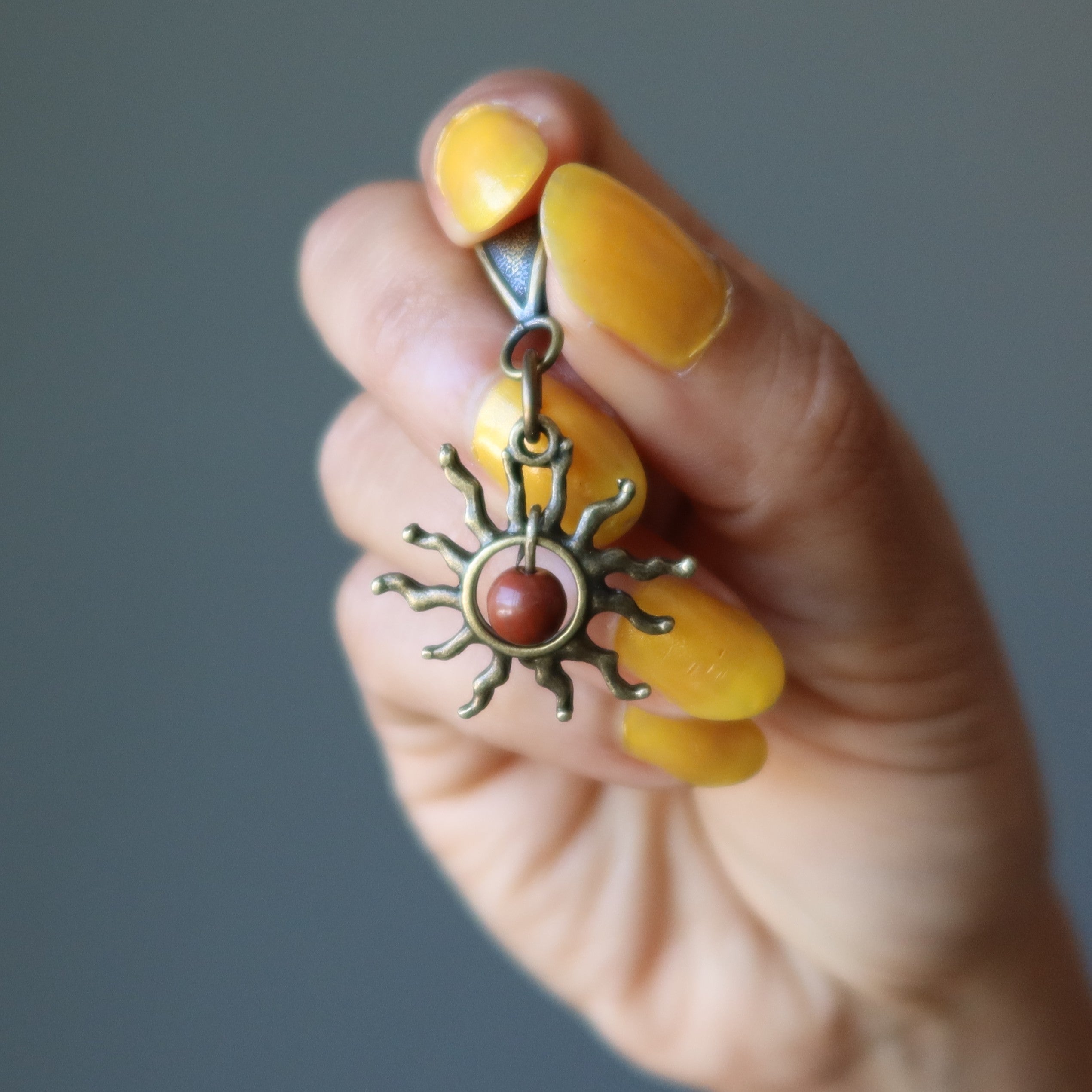 Red Jasper Pendant Flaming Sun Gem Brass