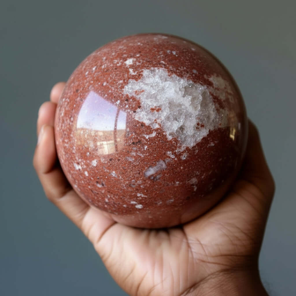 Sphère de jaspe rouge Captivante boule de cristal en quartz et calcédoine