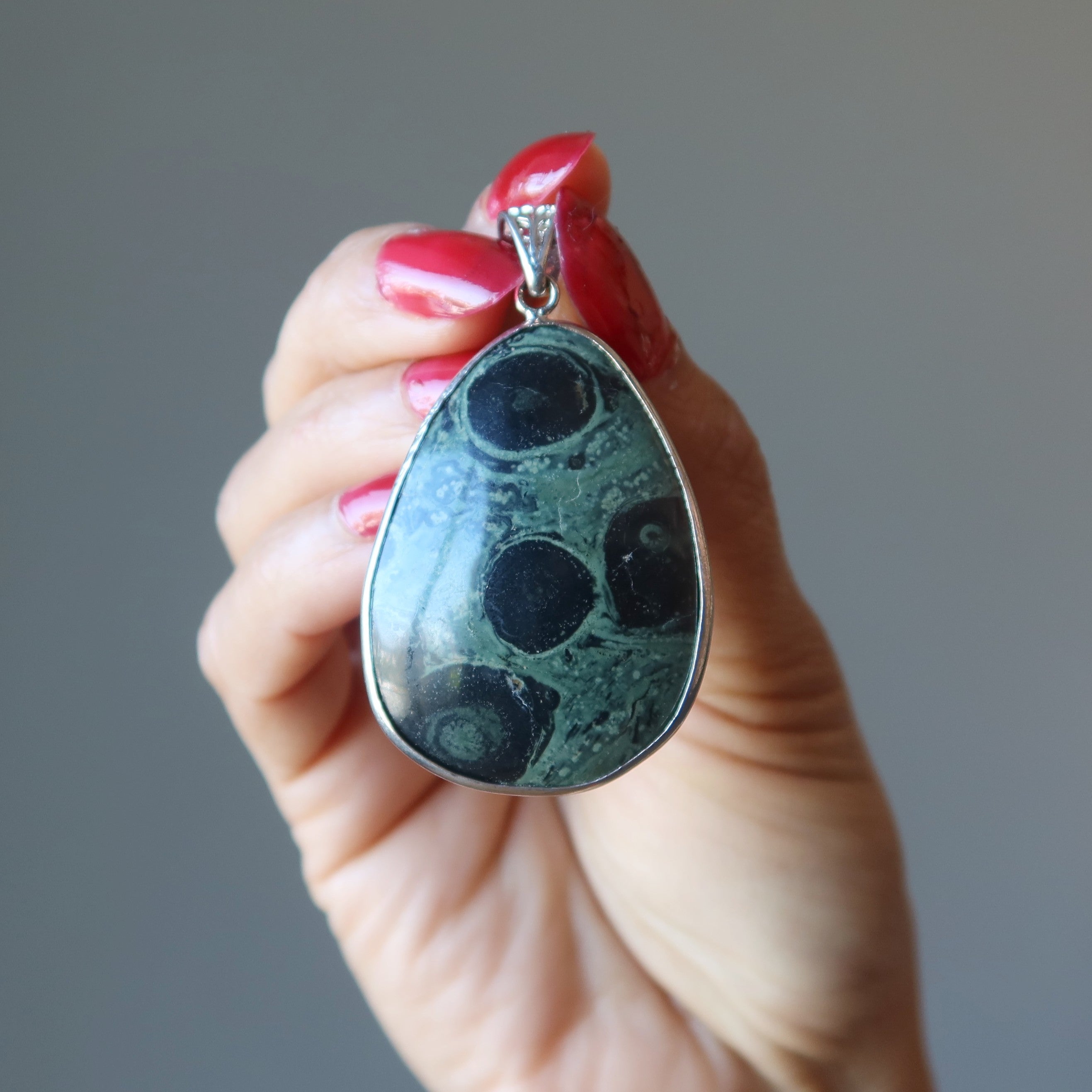 Kambaba Jasper Pendant Green Crocodile Guardian Gem Silver