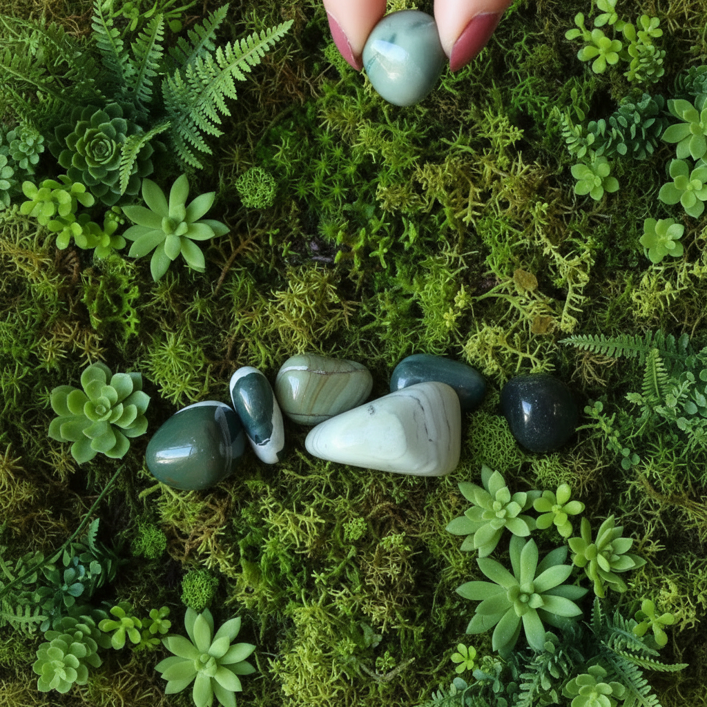 Grüner Jaspis Trommelstein Blühender Garten Kristall