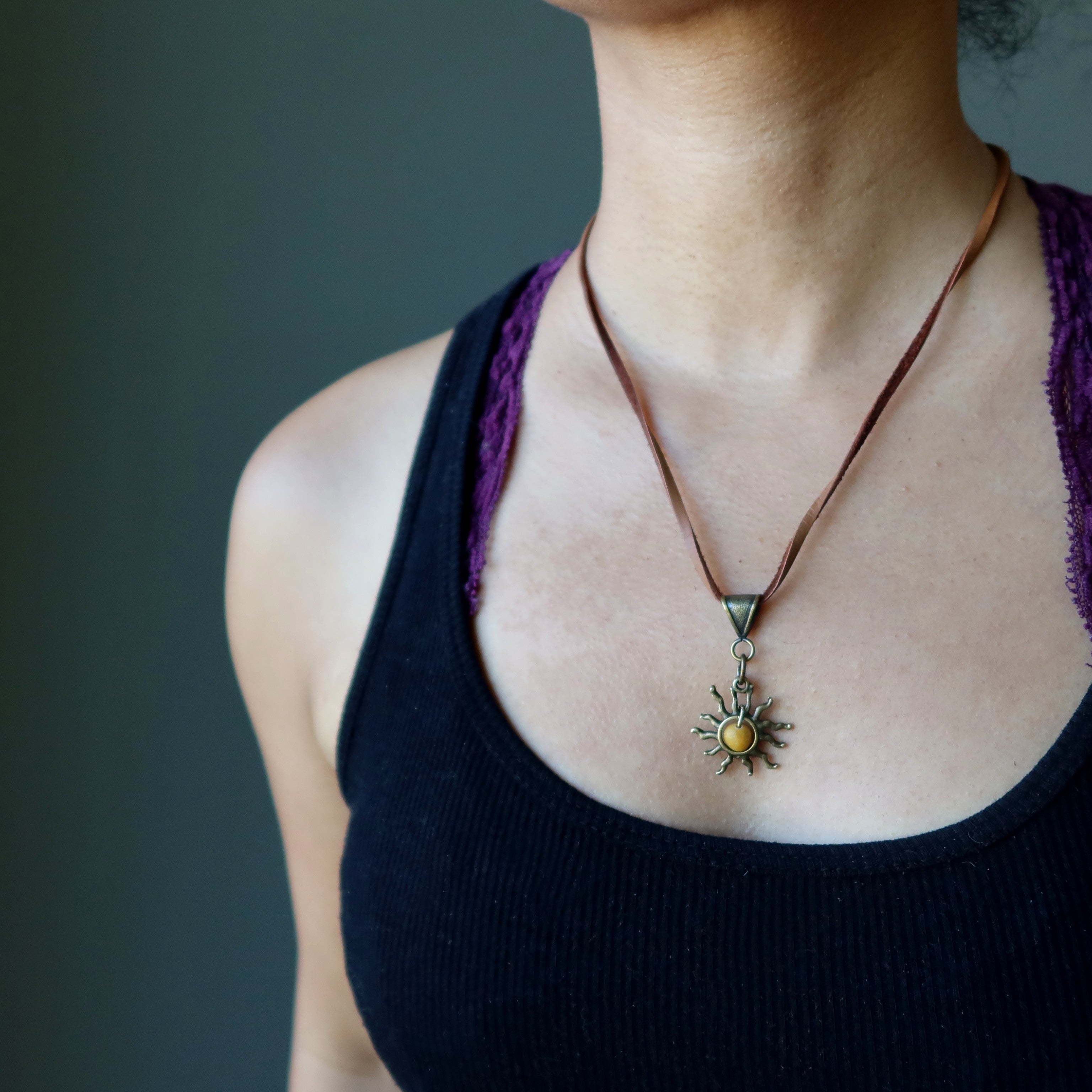 Yellow Jasper Necklace Blazing Sun on Leather Cord
