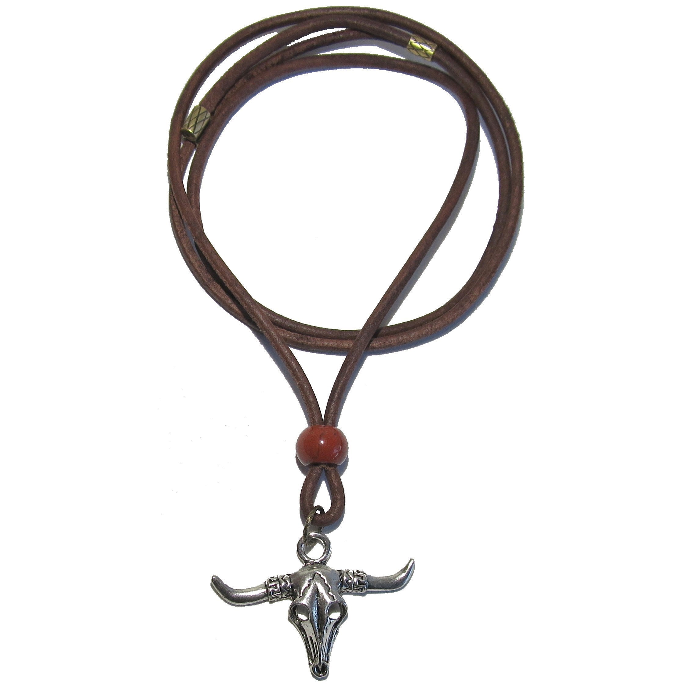 Halskette Roter Jaspis Wildwest-Stierschädel Braunes Leder