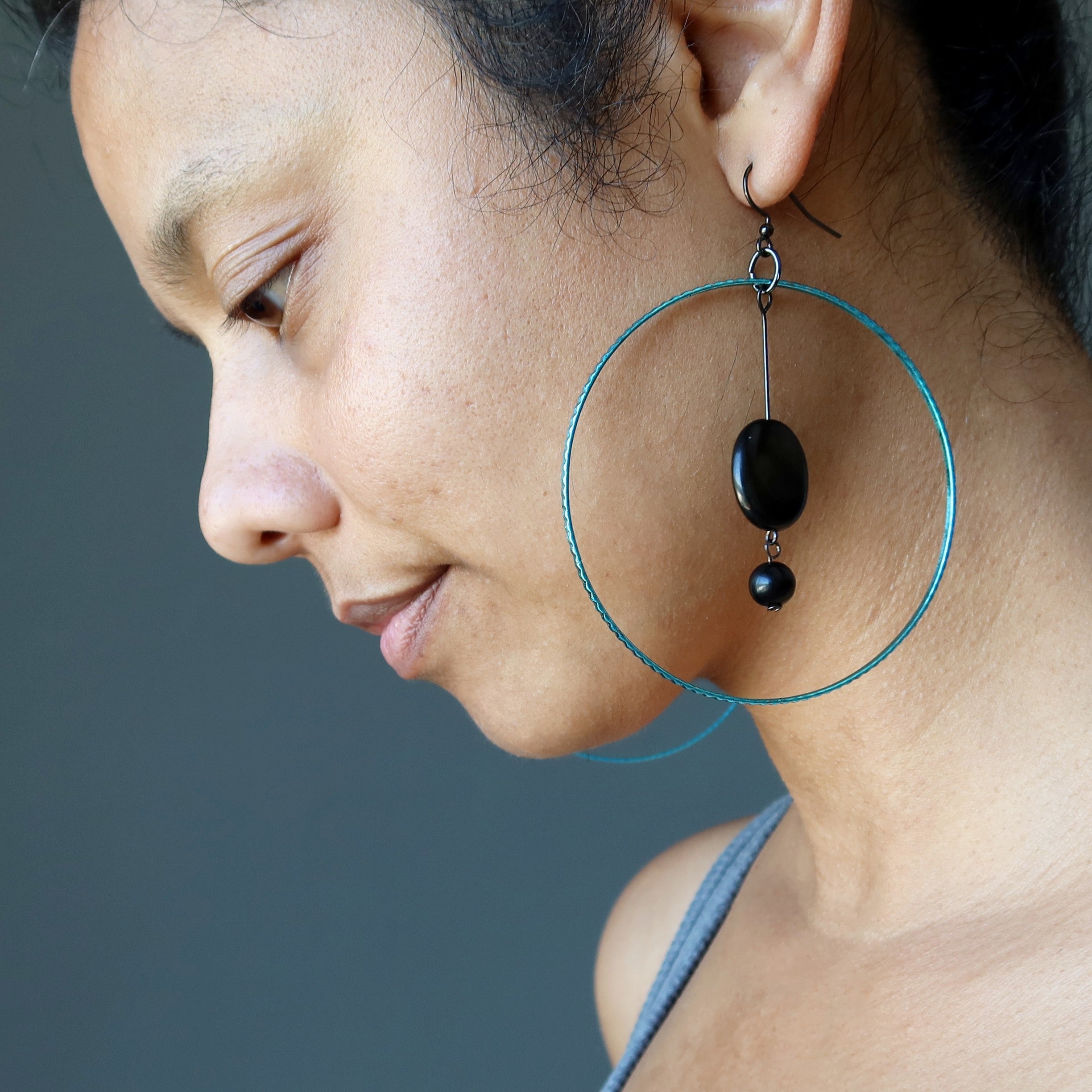 Jet Earrings Cool in Blue Protection Gemstone Hoops