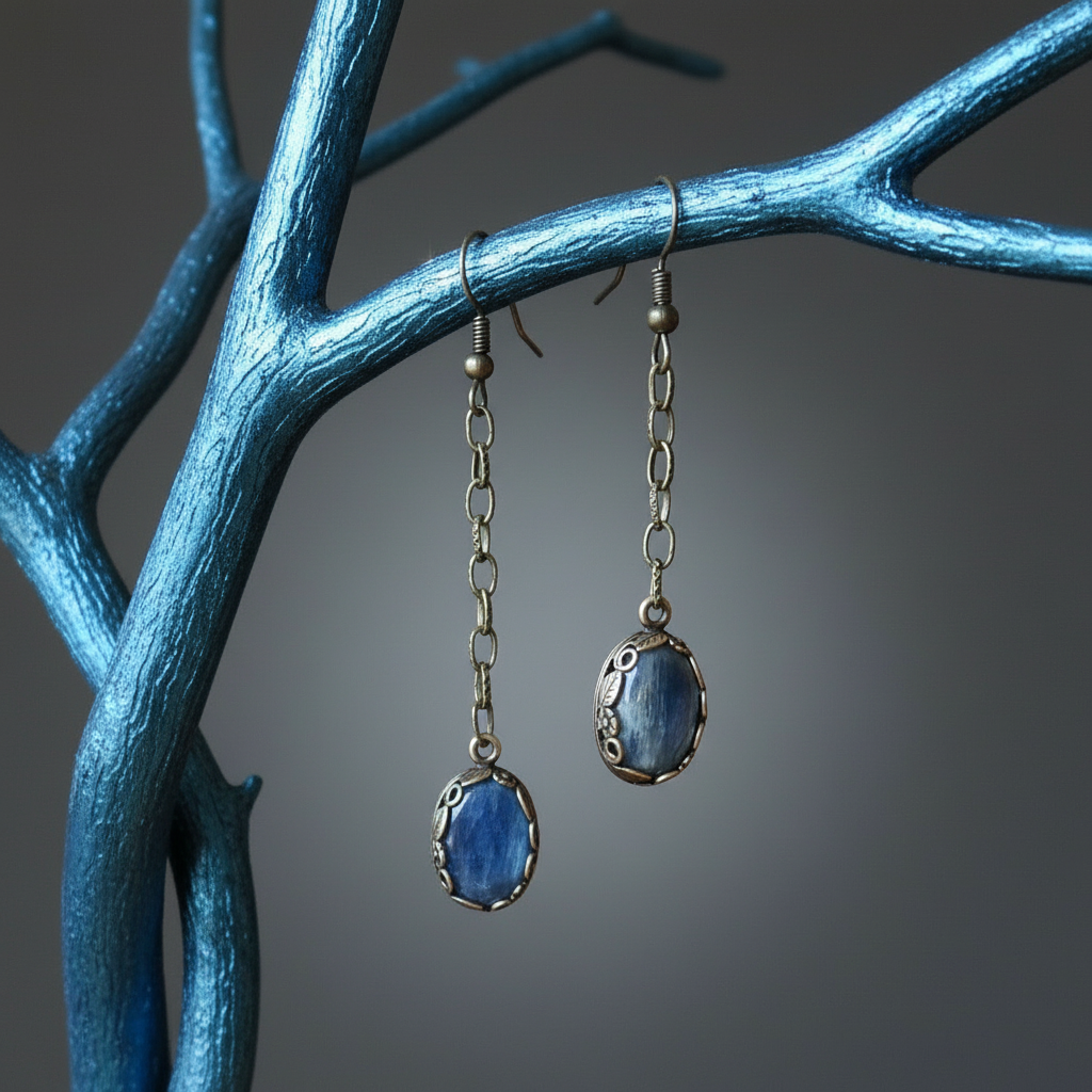 Boucles d'oreilles en kyanite, gemmes ovales bleues, chaînette feuille.