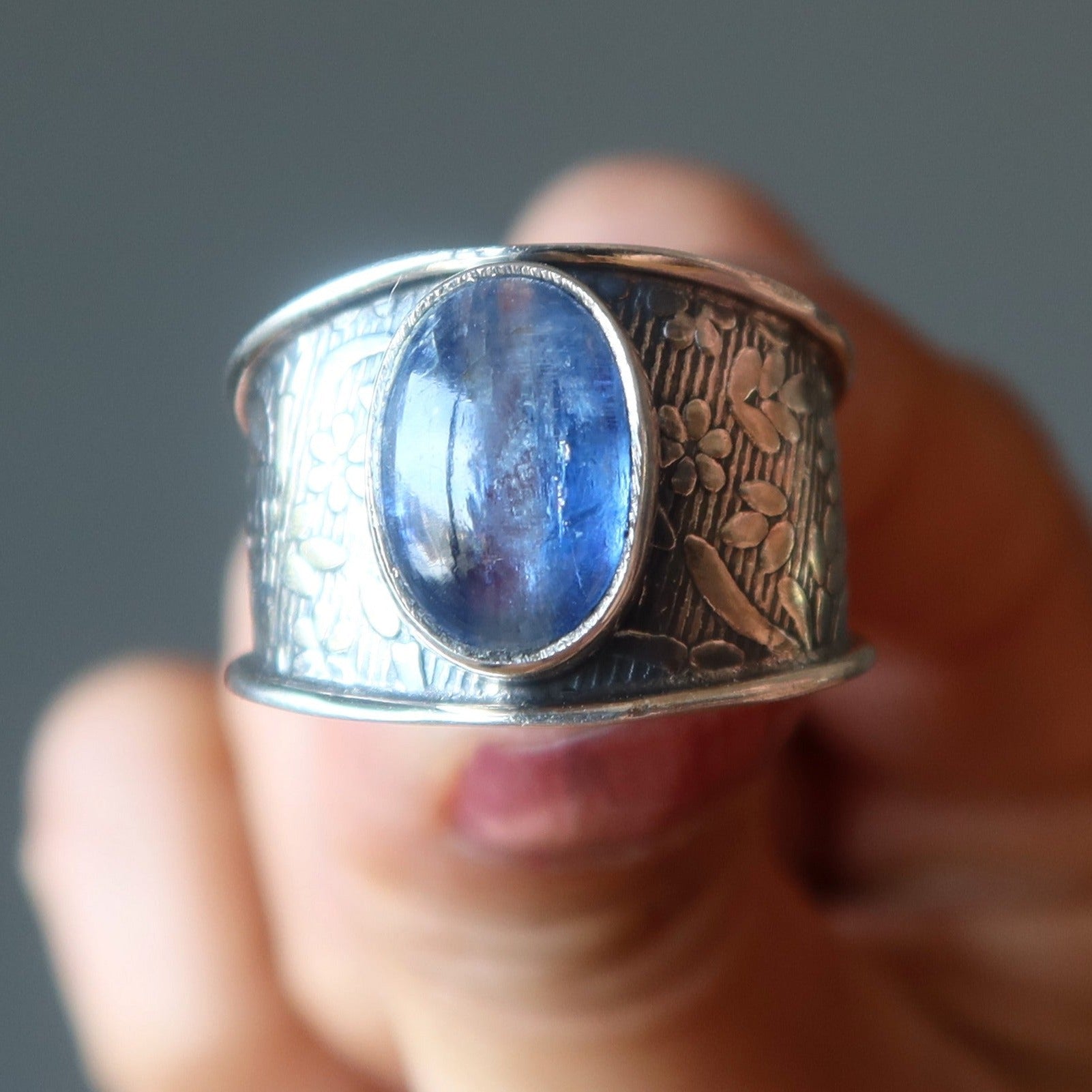Kyanite Ring Blue Gem Flower Sterling Silver Size 9.25