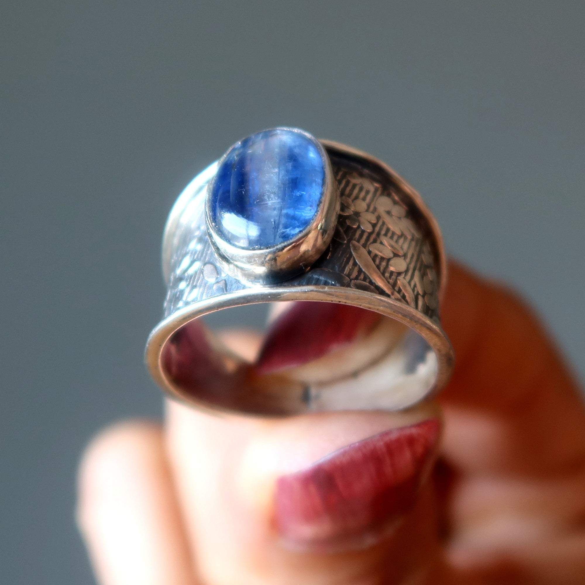 Kyanite Ring Blue Gem Flower Sterling Silver Size 9.25