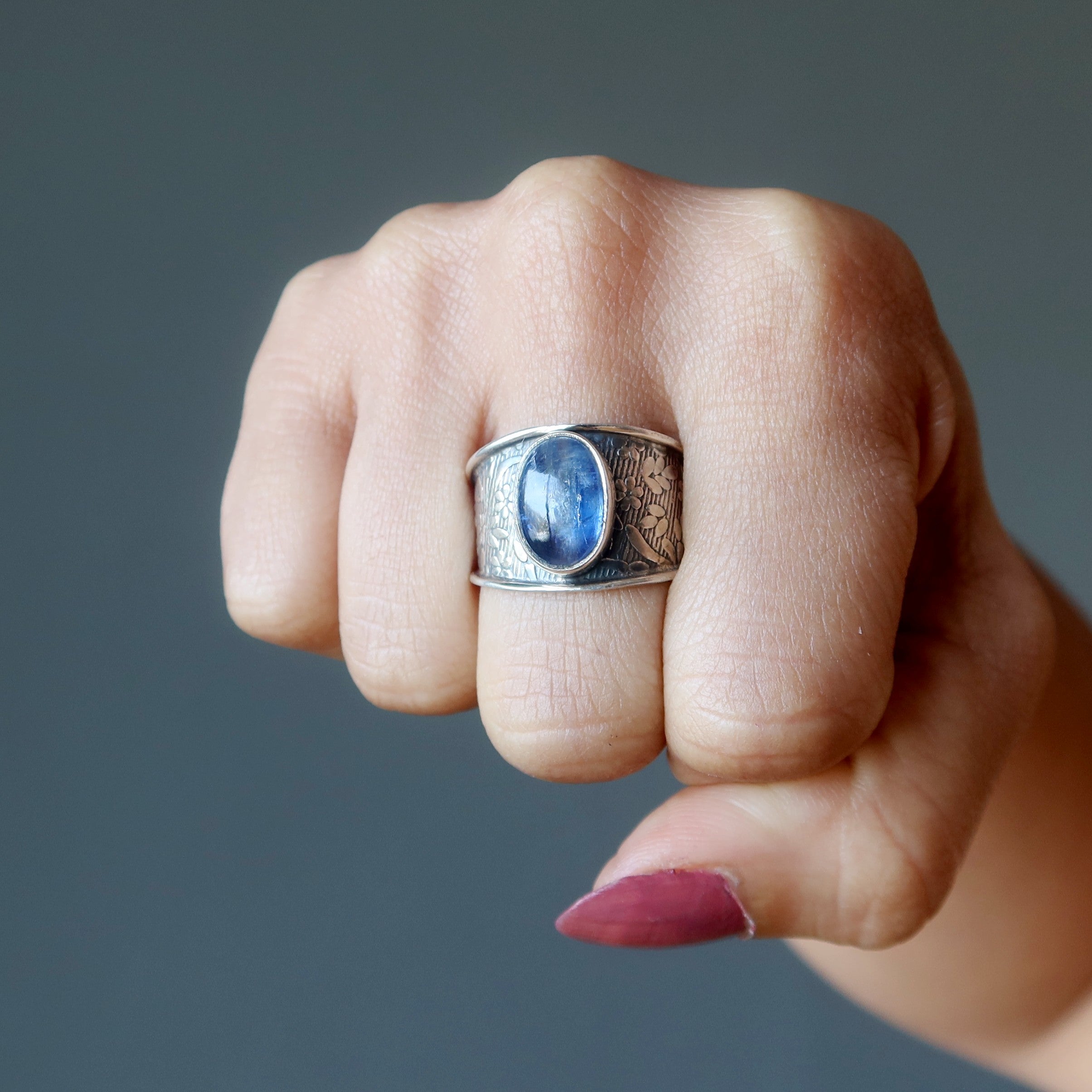 Kyanite Ring Blue Gem Flower Sterling Silver Size 9.25
