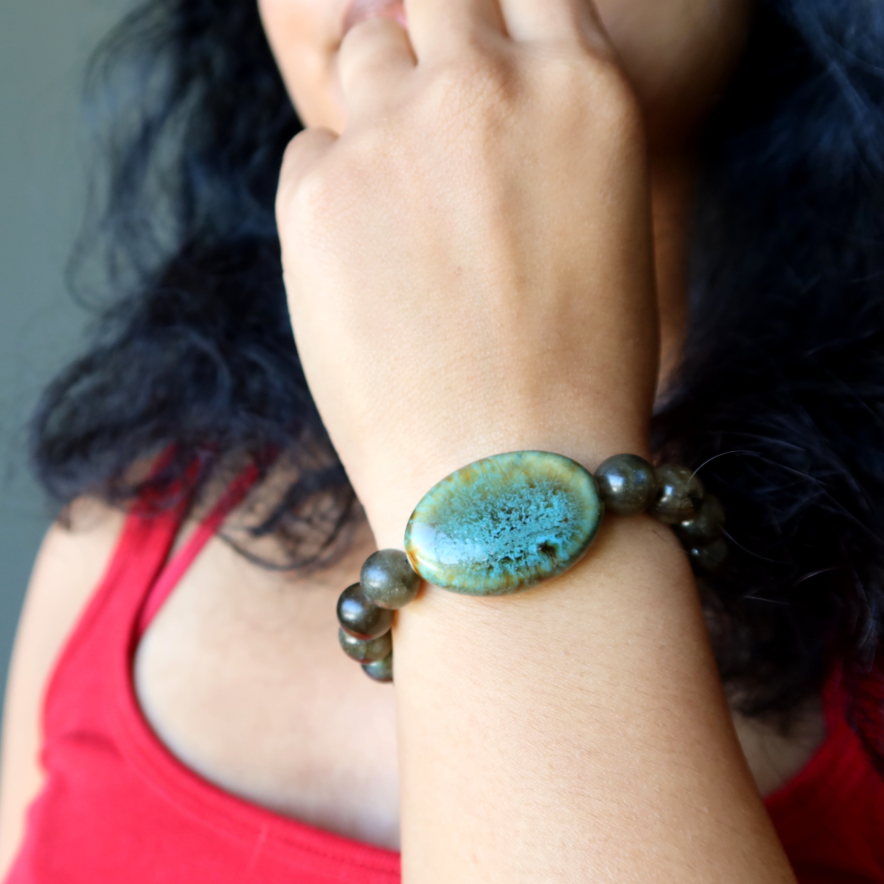 Bracelet labradorite Ovale miroir en céramique bleue