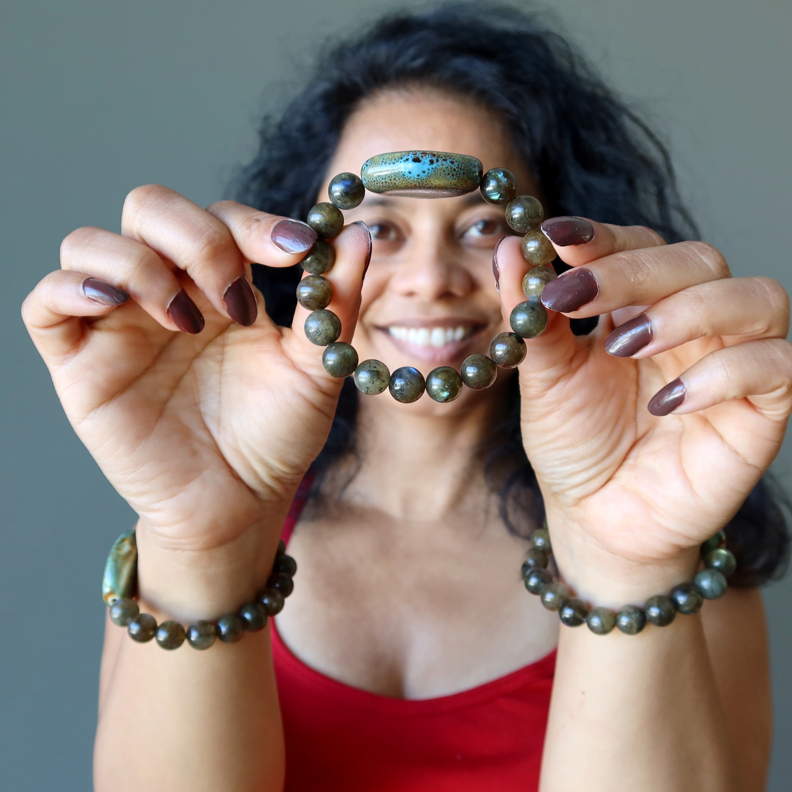 Bracelet labradorite Ovale miroir en céramique bleue