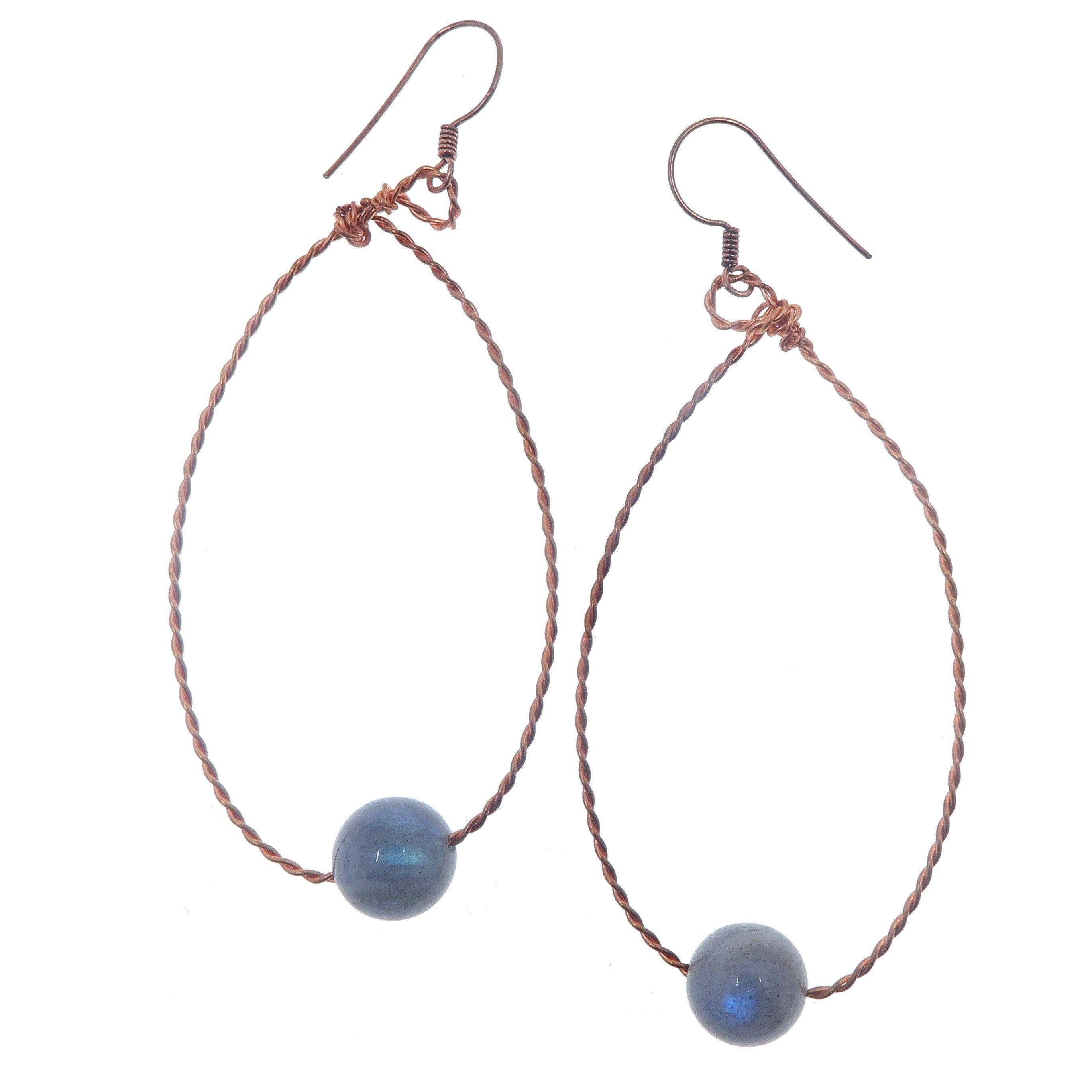 Labradorite Earrings Rainbow Flash Hoops Copper