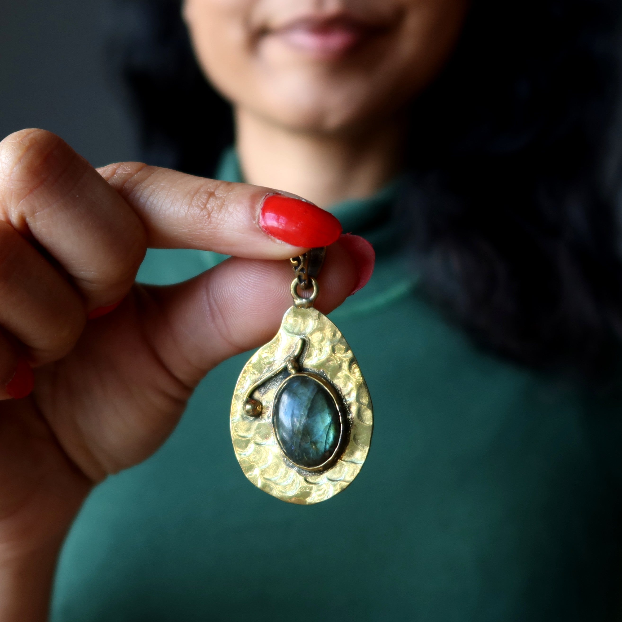 Labradorite Pendant Tibet Token Stone Gold