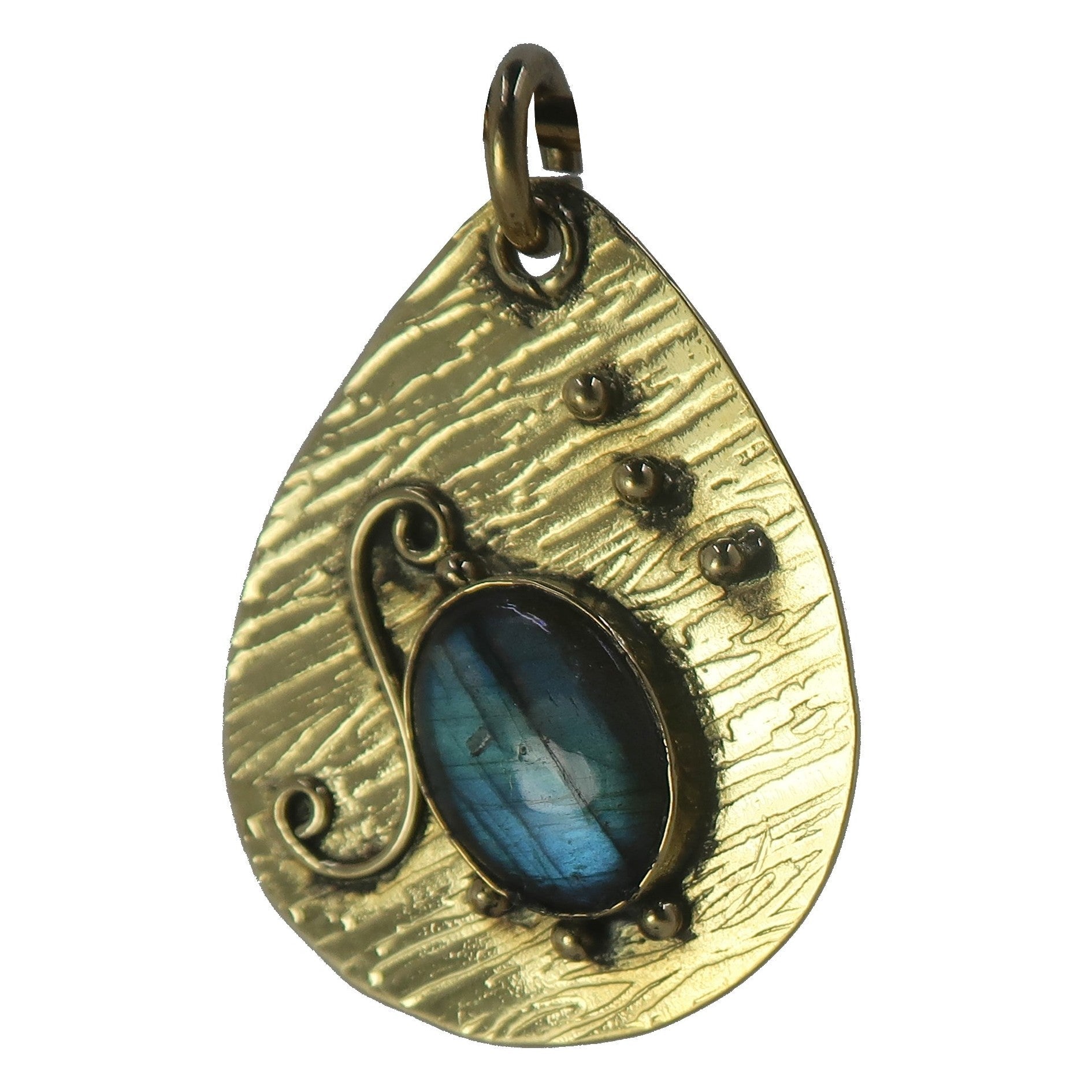 Pendentif Labradorite Feuille Ondulée Arc-en-Ciel Or