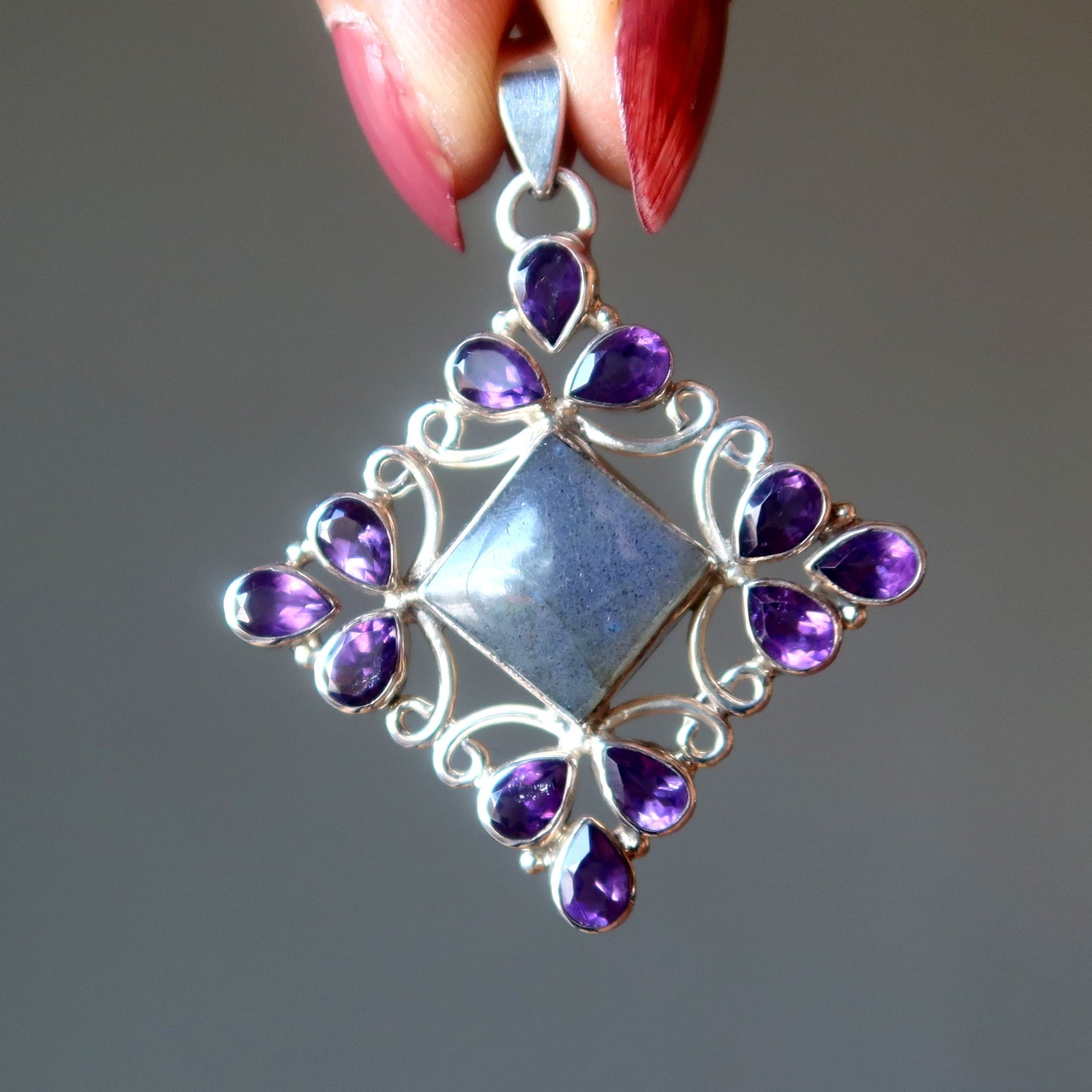 Pendentif Labradorite Améthyste Facettée Argent Sterling