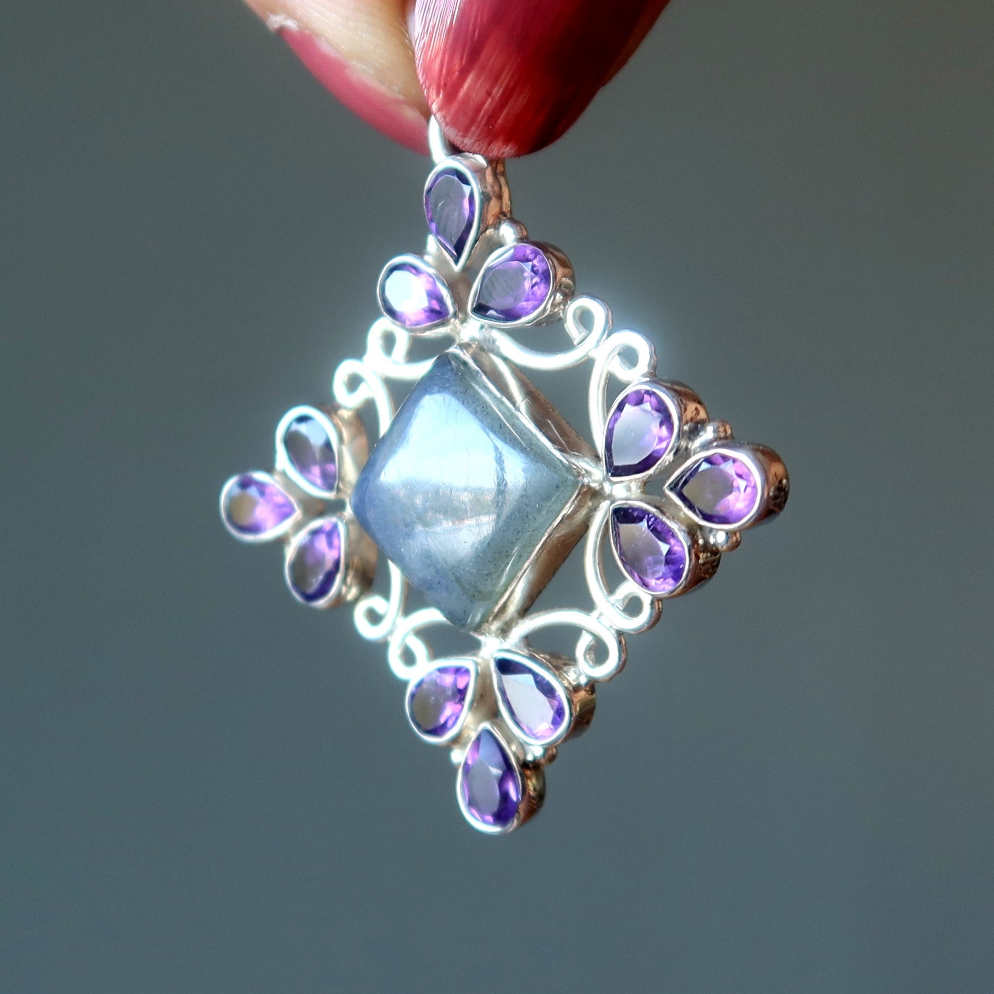 Pendentif Labradorite Améthyste Facettée Argent Sterling