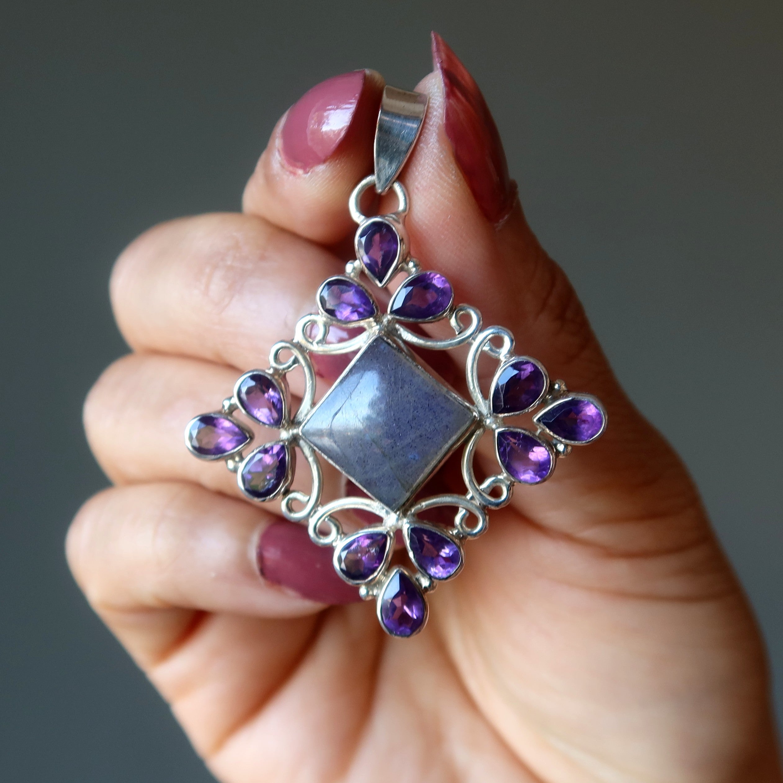 Pendentif Labradorite Améthyste Facettée Argent Sterling