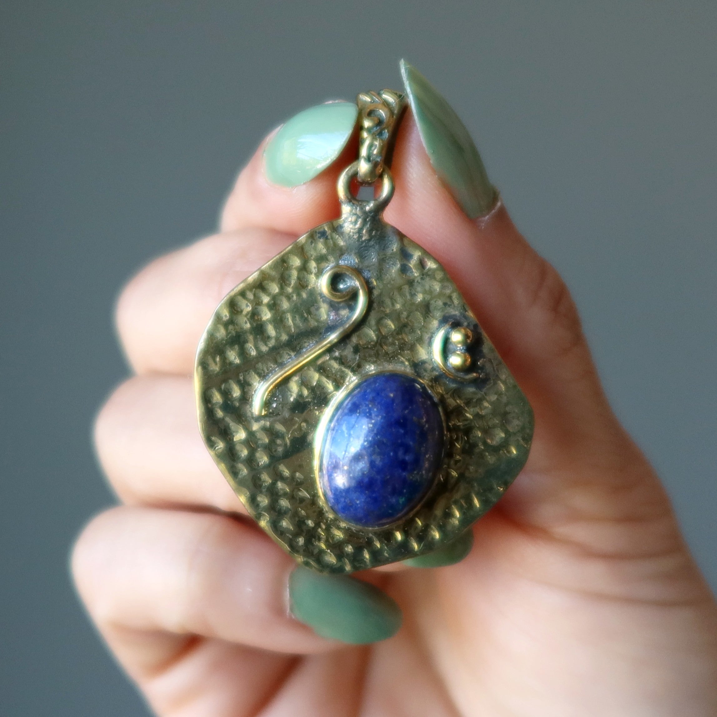 Lapis Lazuli Pendant Mystical Blue Ocean Waves Gemstone Tibetan Brass