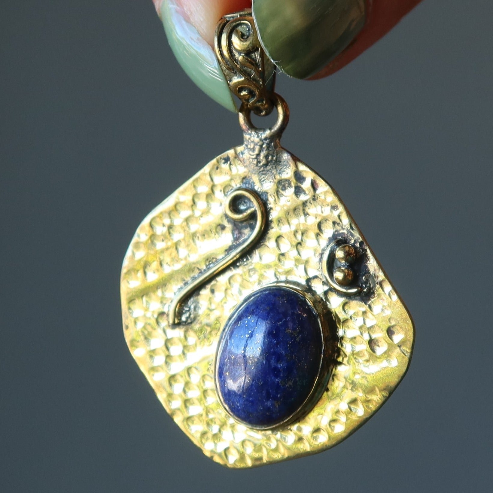 Lapis Lazuli Pendant Mystical Blue Ocean Waves Gemstone Tibetan Brass