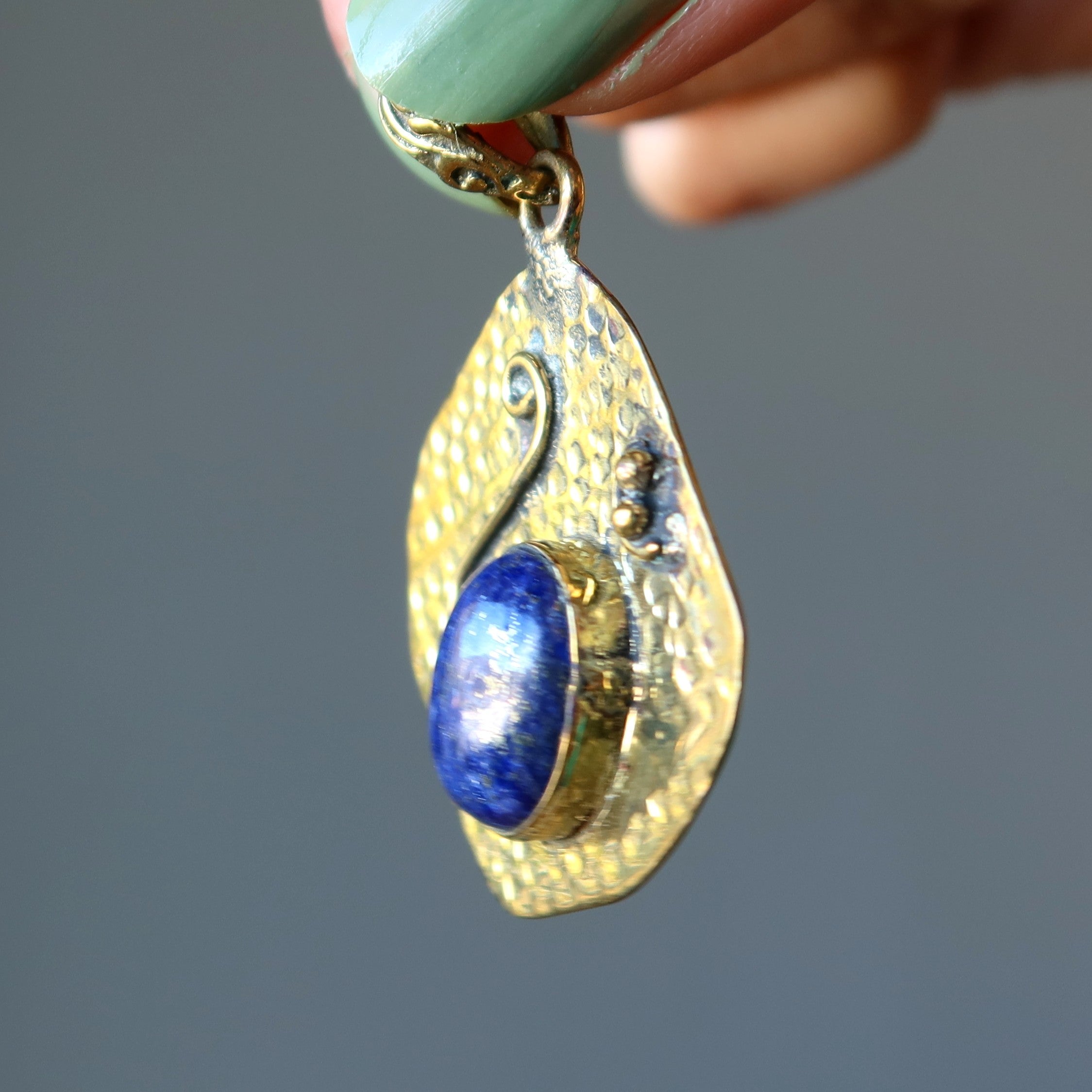 Lapis Lazuli Pendant Mystical Blue Ocean Waves Gemstone Tibetan Brass