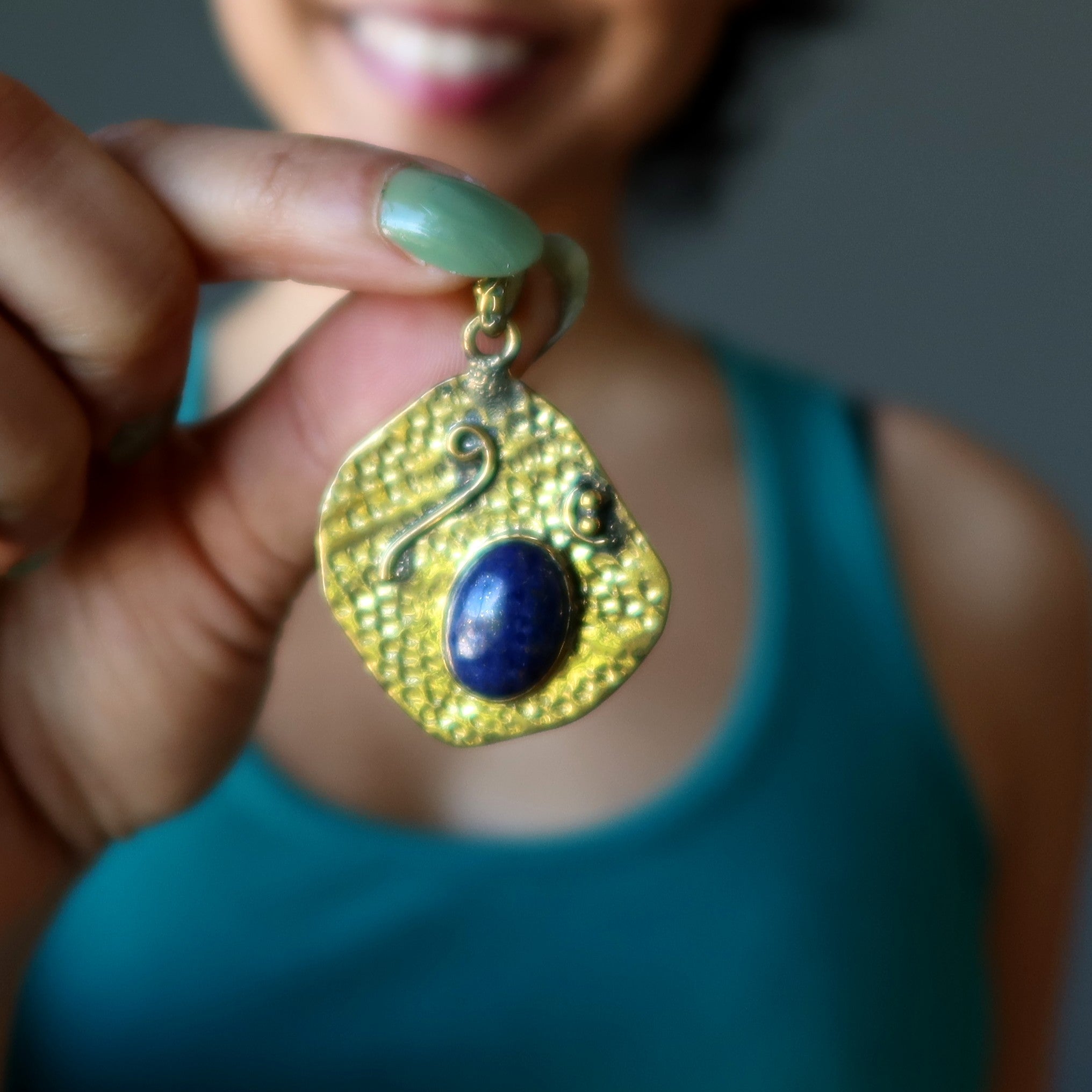Lapis Lazuli Pendant Mystical Blue Ocean Waves Gemstone Tibetan Brass