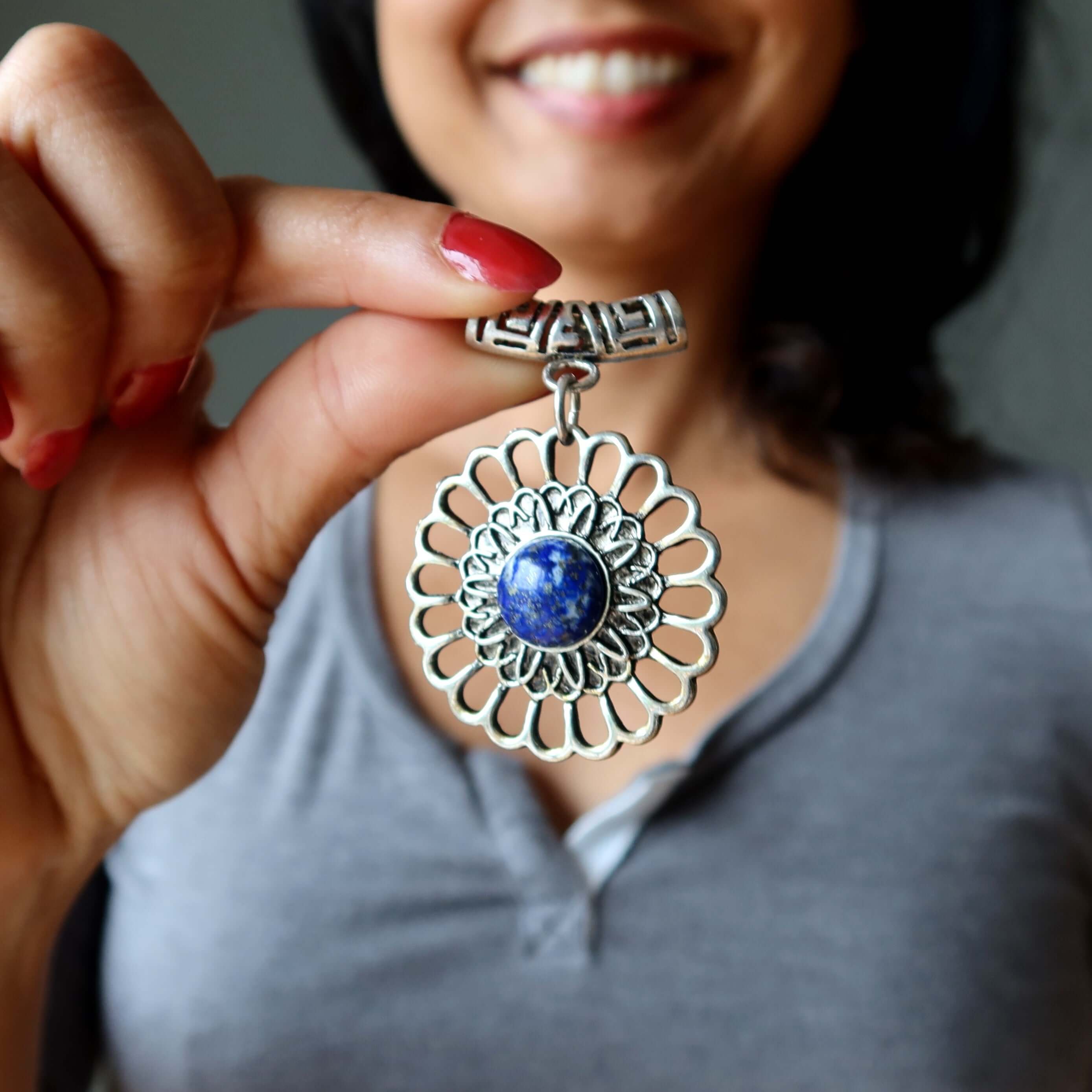 Lapis Lazuli Pendant Blue Flower Third Eye Chakra Bloom Gemstone Silver