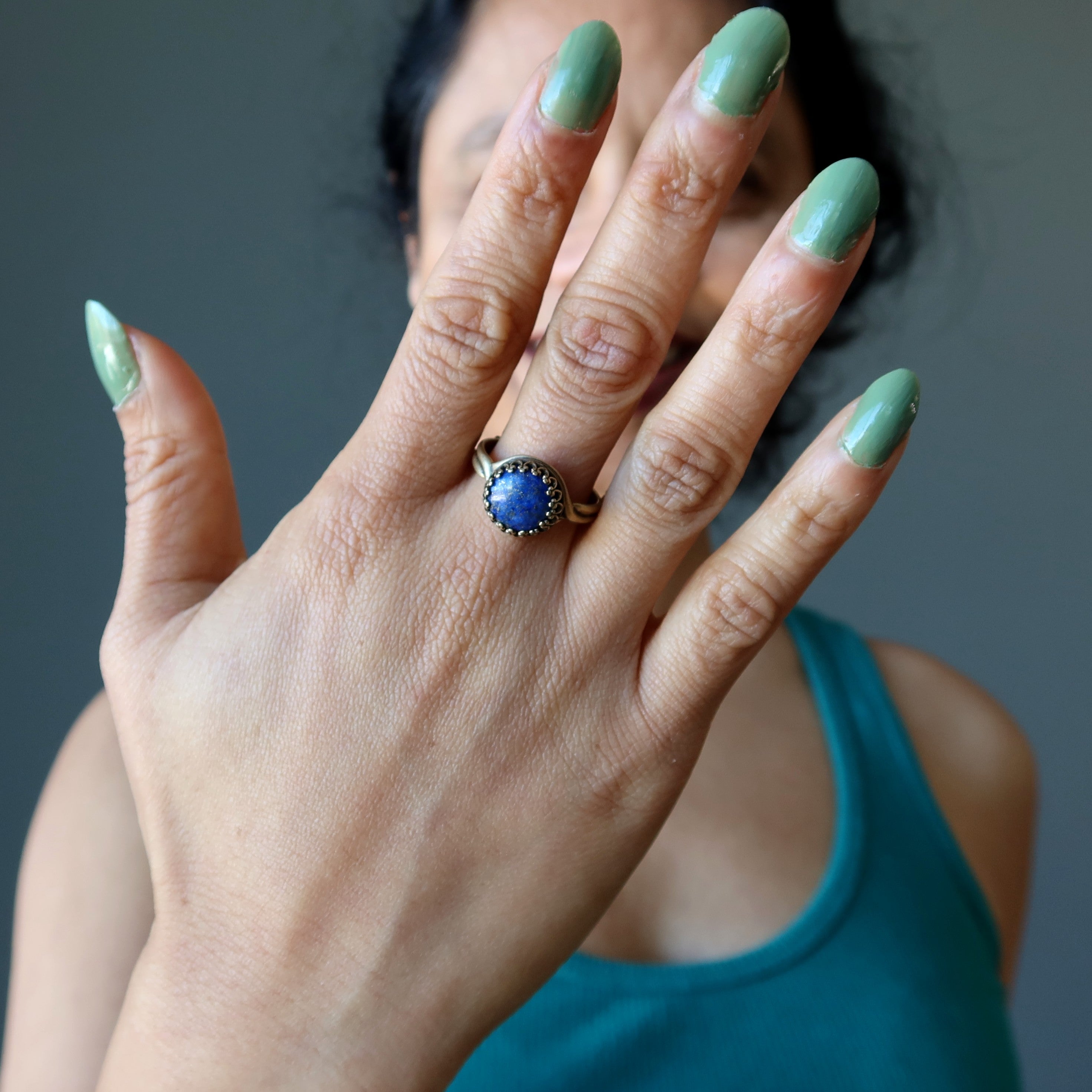 Lapis Ring Dreamer Gem Antiqued Brass Adjustable