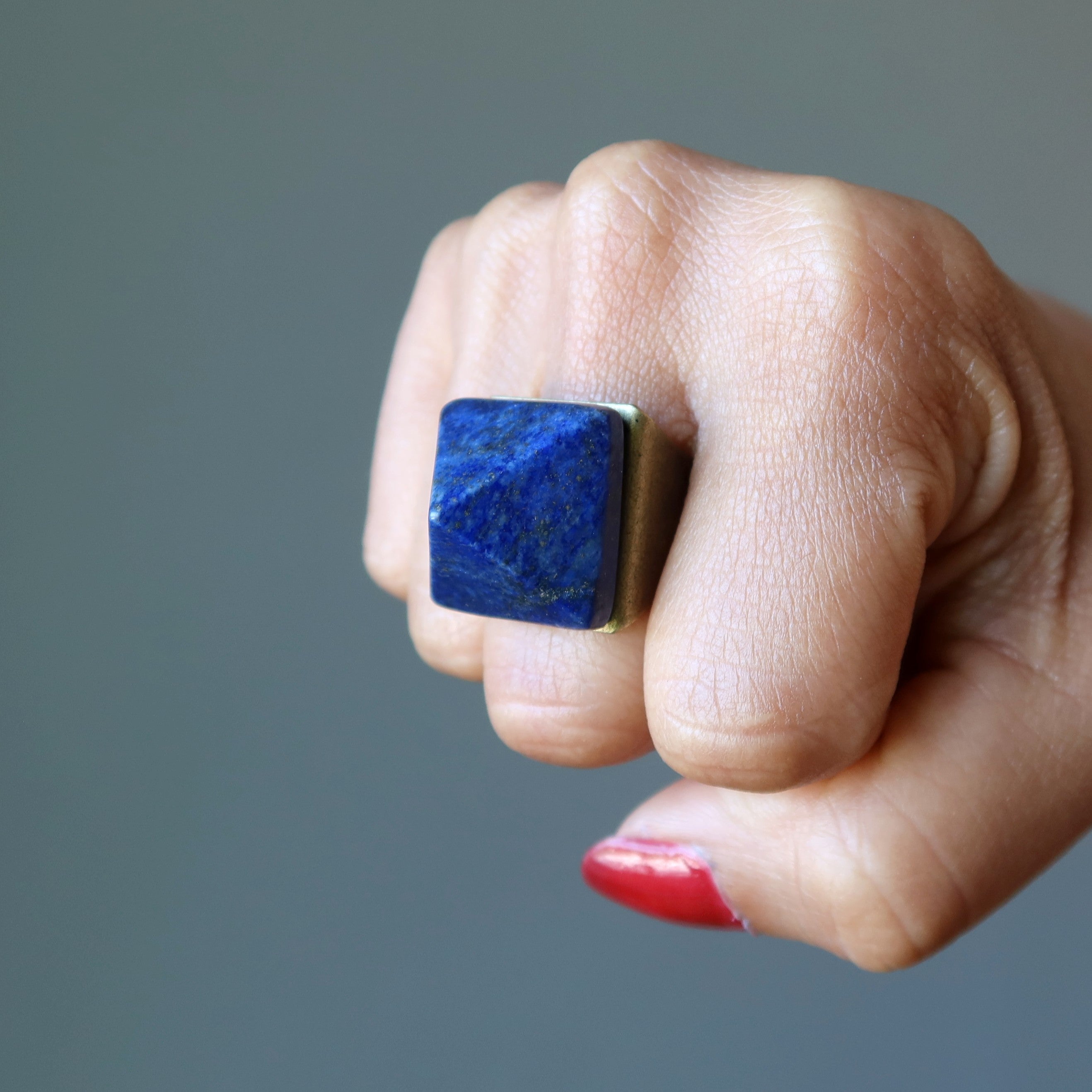 Lapis Lazuli Ring Blue Pharaoh Pyramid Gem Bronze Adjustable