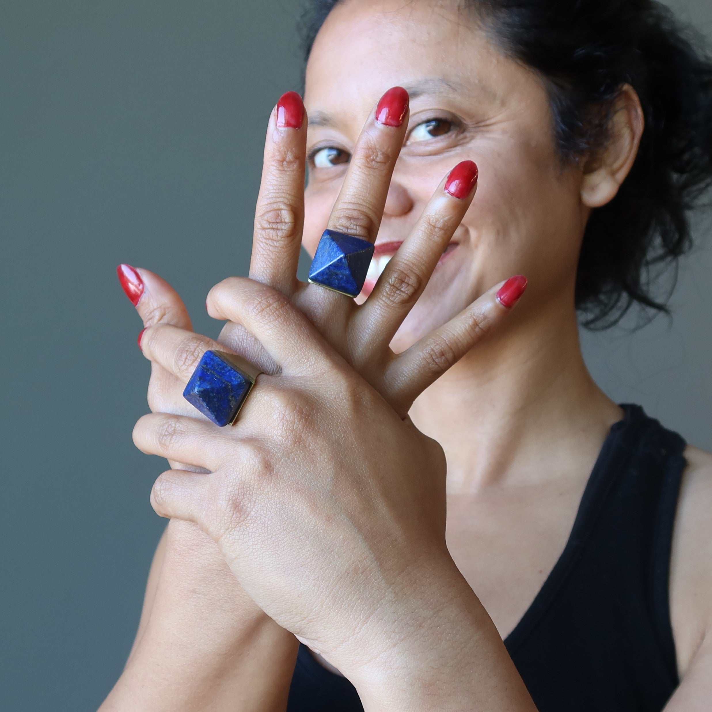 Lapis Lazuli Ring Blue Pharaoh Pyramid Gem Bronze Adjustable